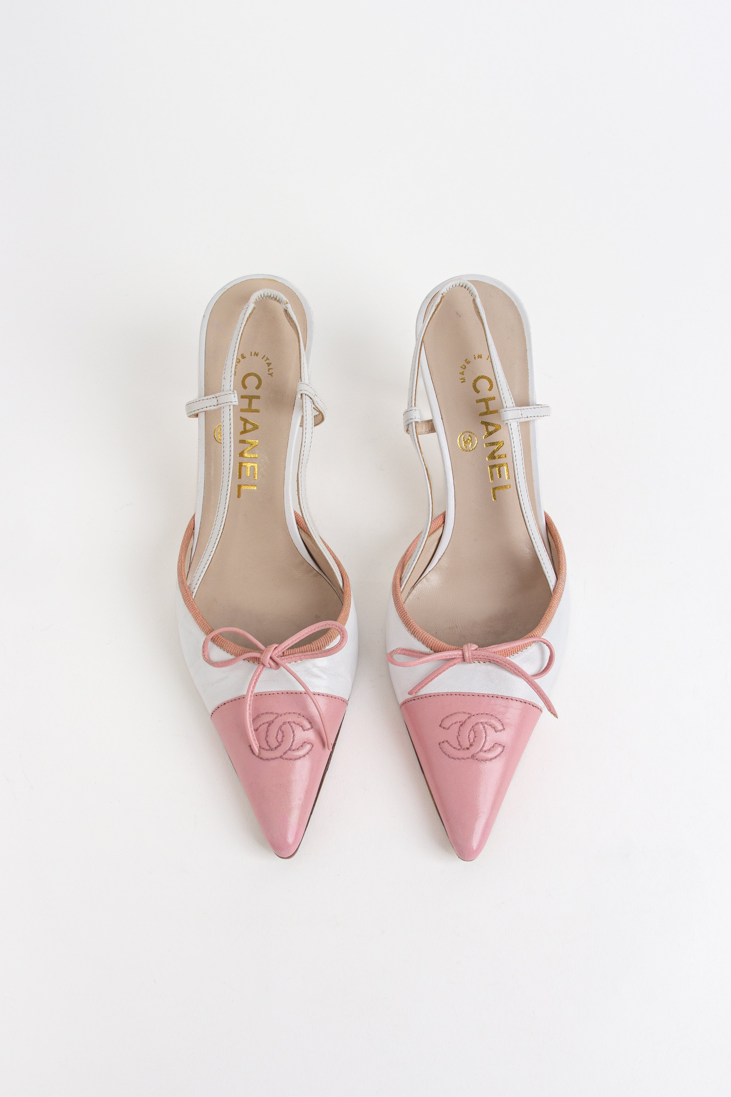 Chanel Pink + White CC Bow Slingback Heels (IT 36.5)