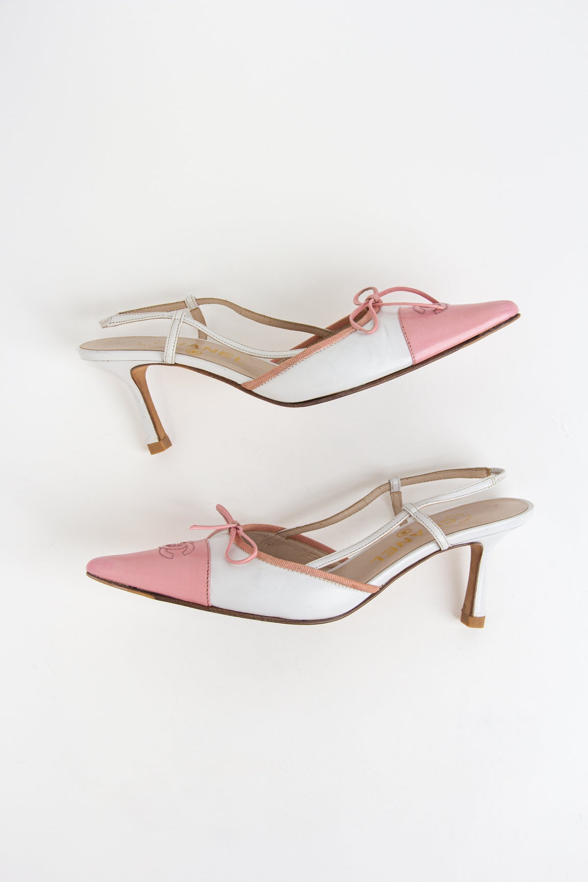 Chanel Pink + White CC Bow Slingback Heels (IT 36.5)