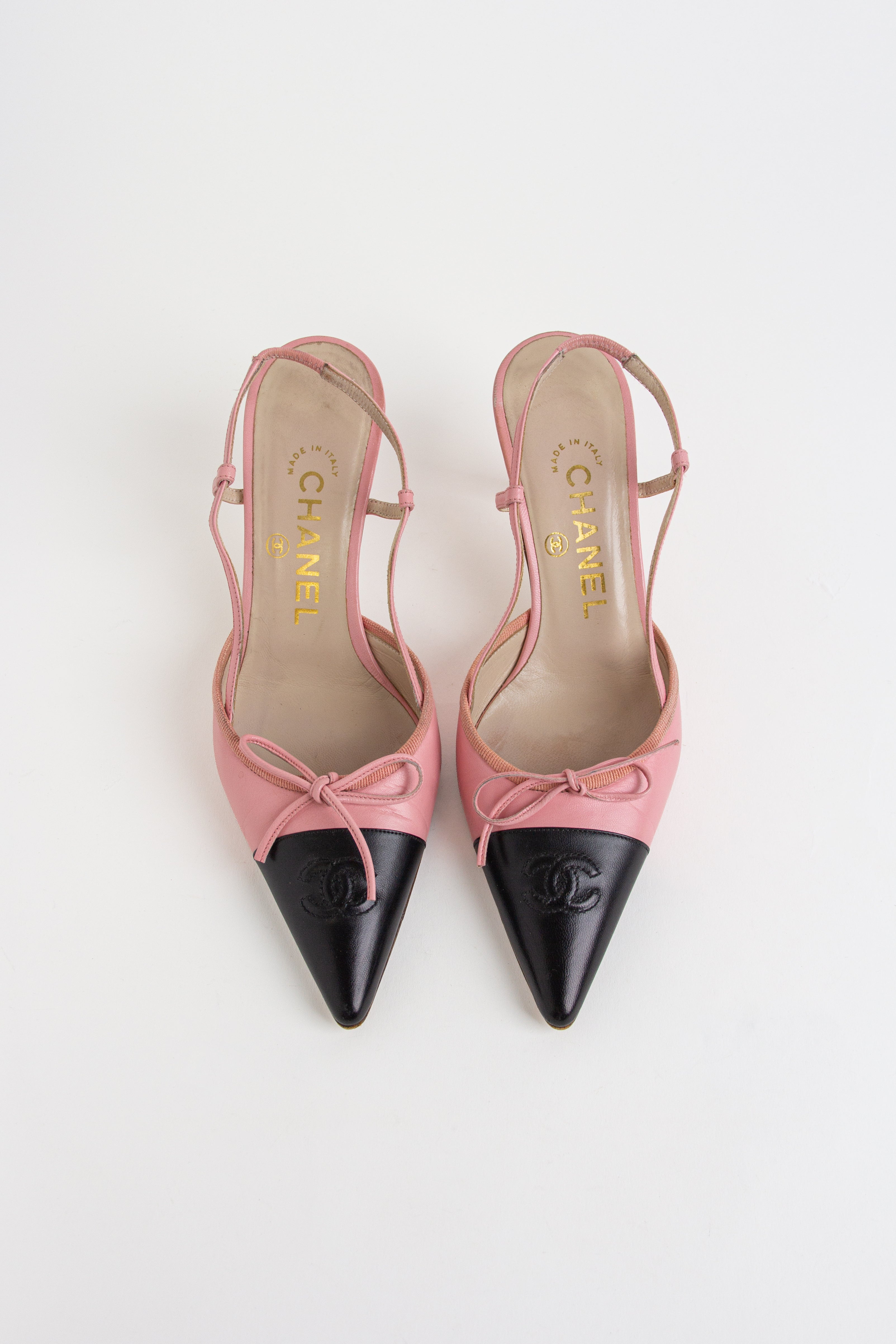 Chanel Pink + Black CC Bow Slingback Heels (IT 35.5)