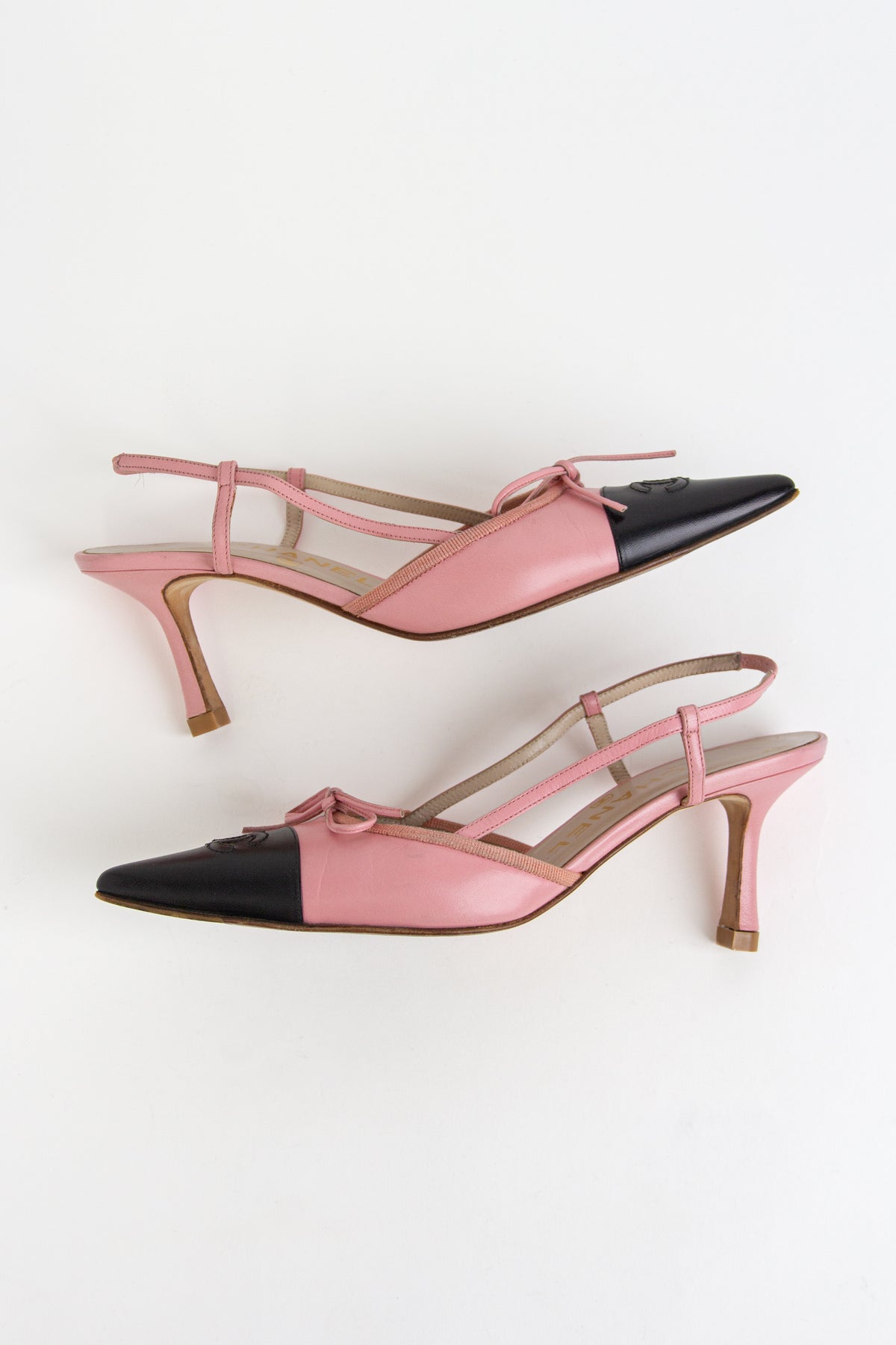 Chanel Pink + Black CC Bow Slingback Heels (IT 35.5)
