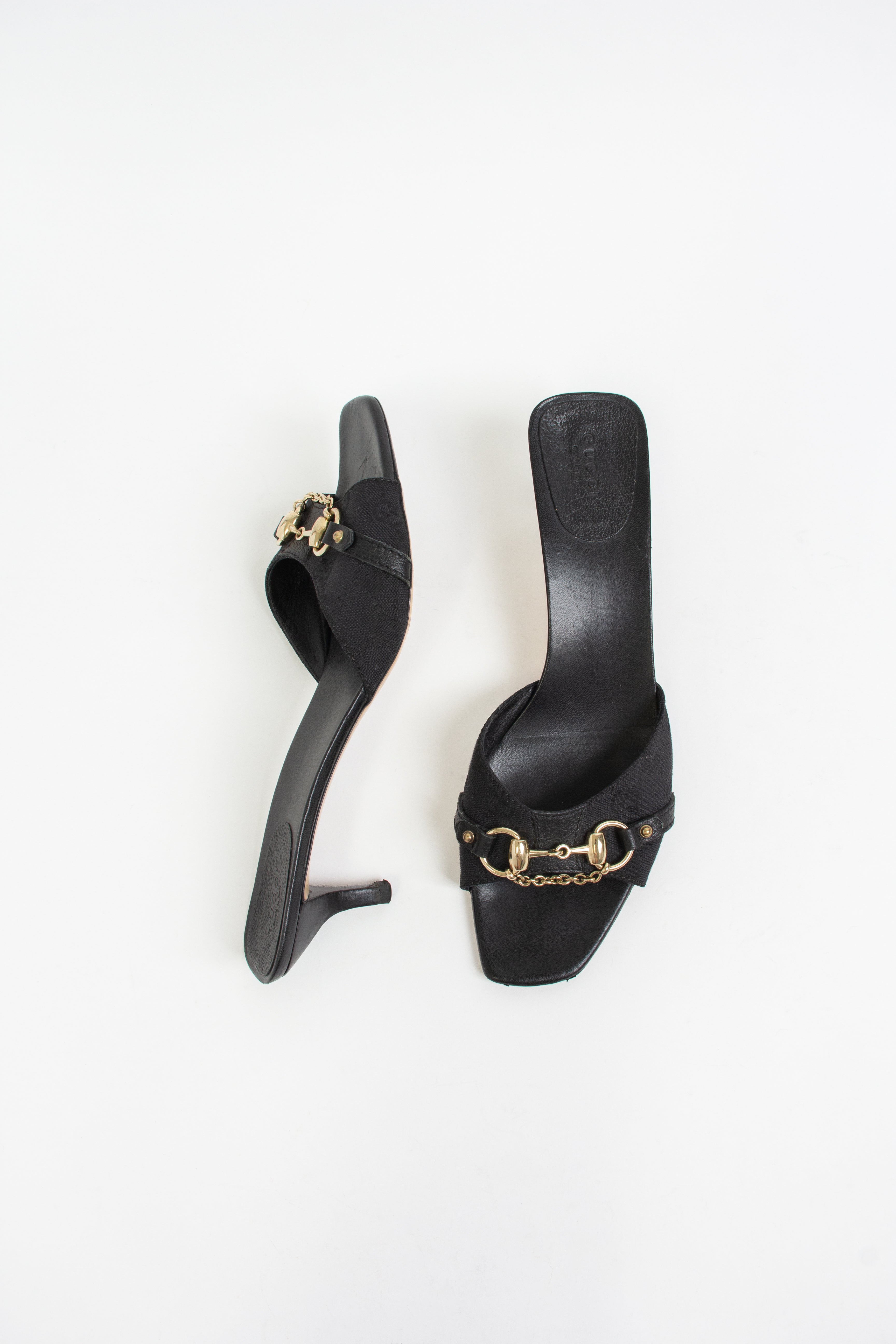 Gucci Black Canvas Gold Chain Horsebit Heels (US 11)