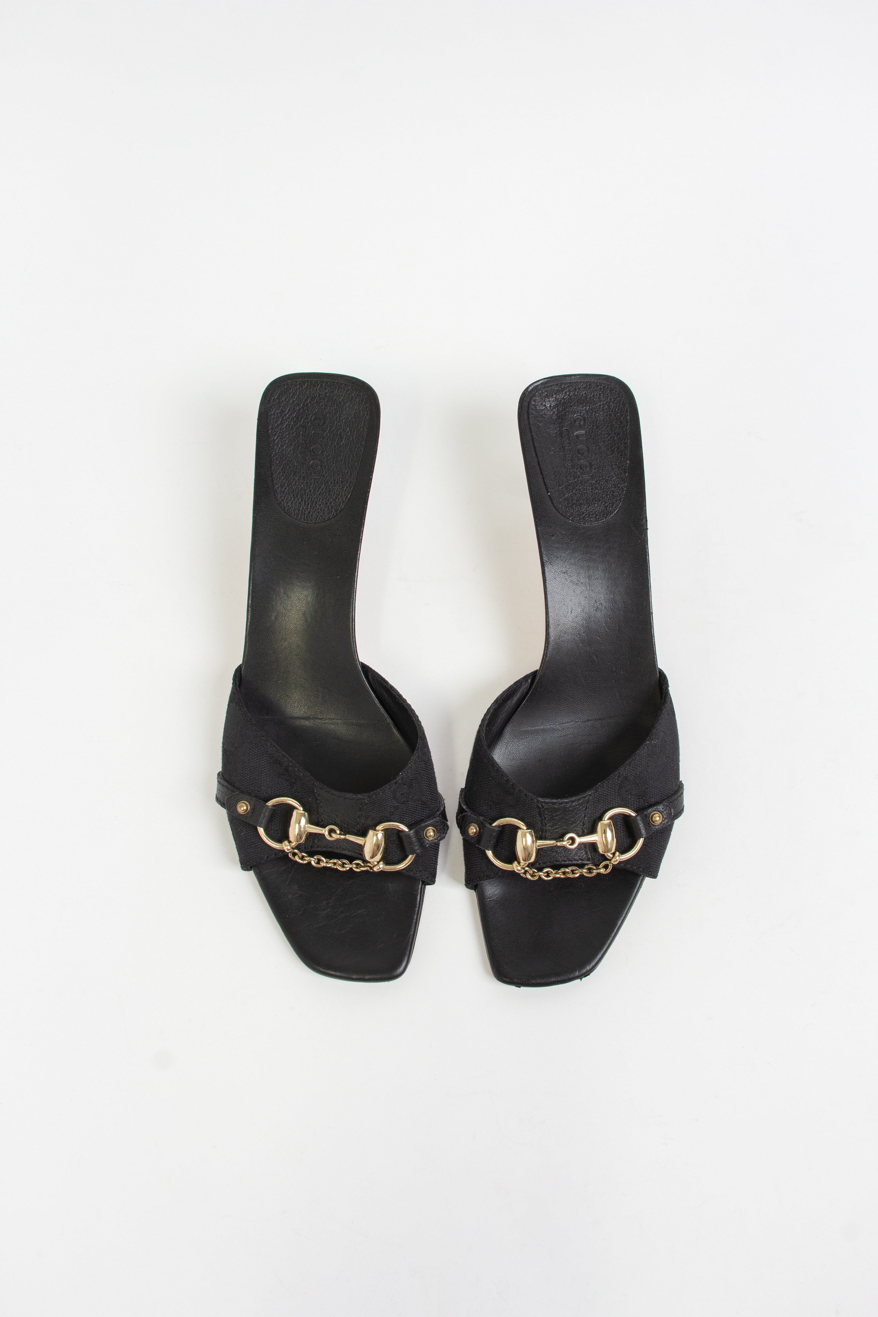 Gucci Black Canvas Gold Chain Horsebit Heels (US 11)