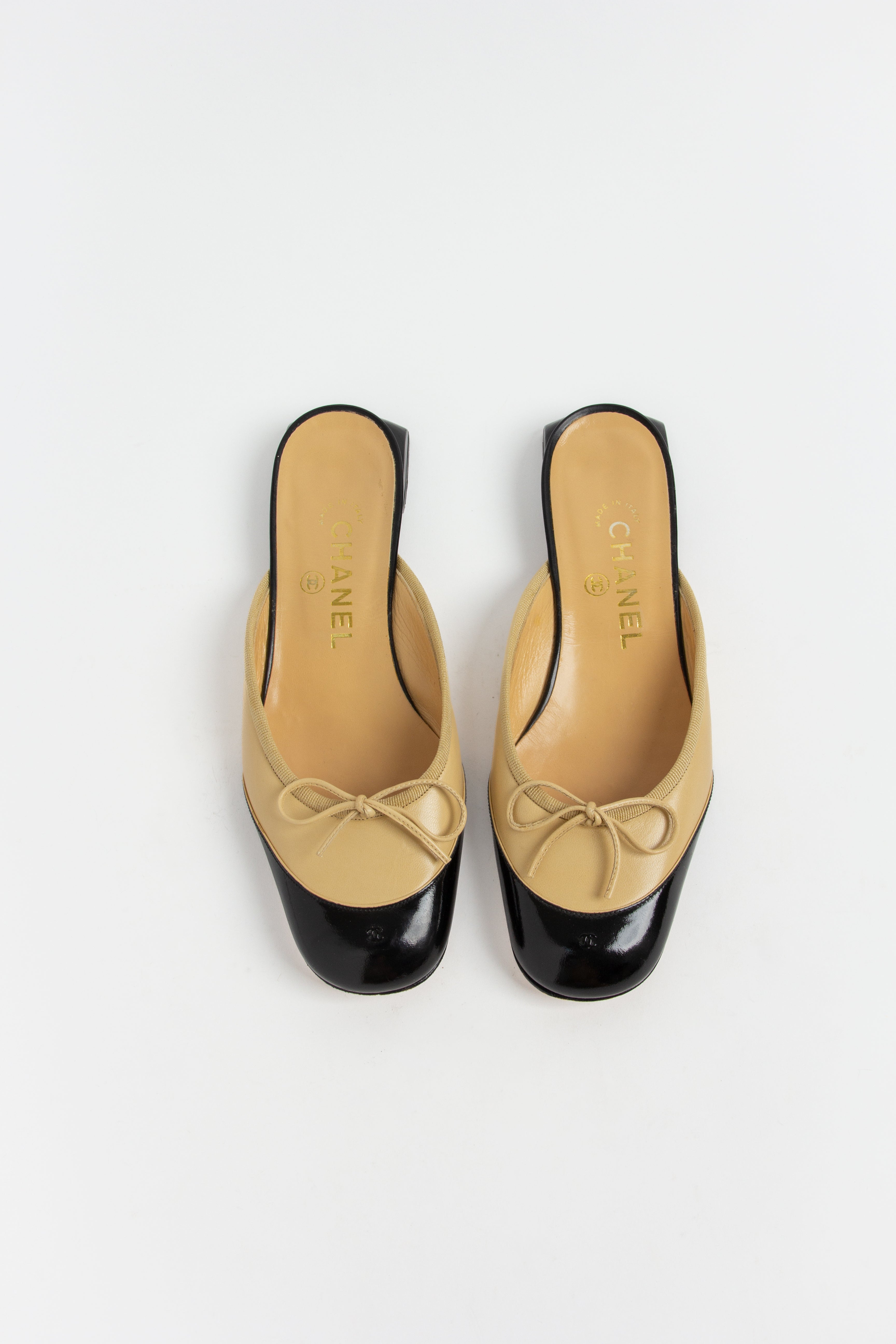 Chanel Beige and Black Squared Toe Mules (IT 36.5)