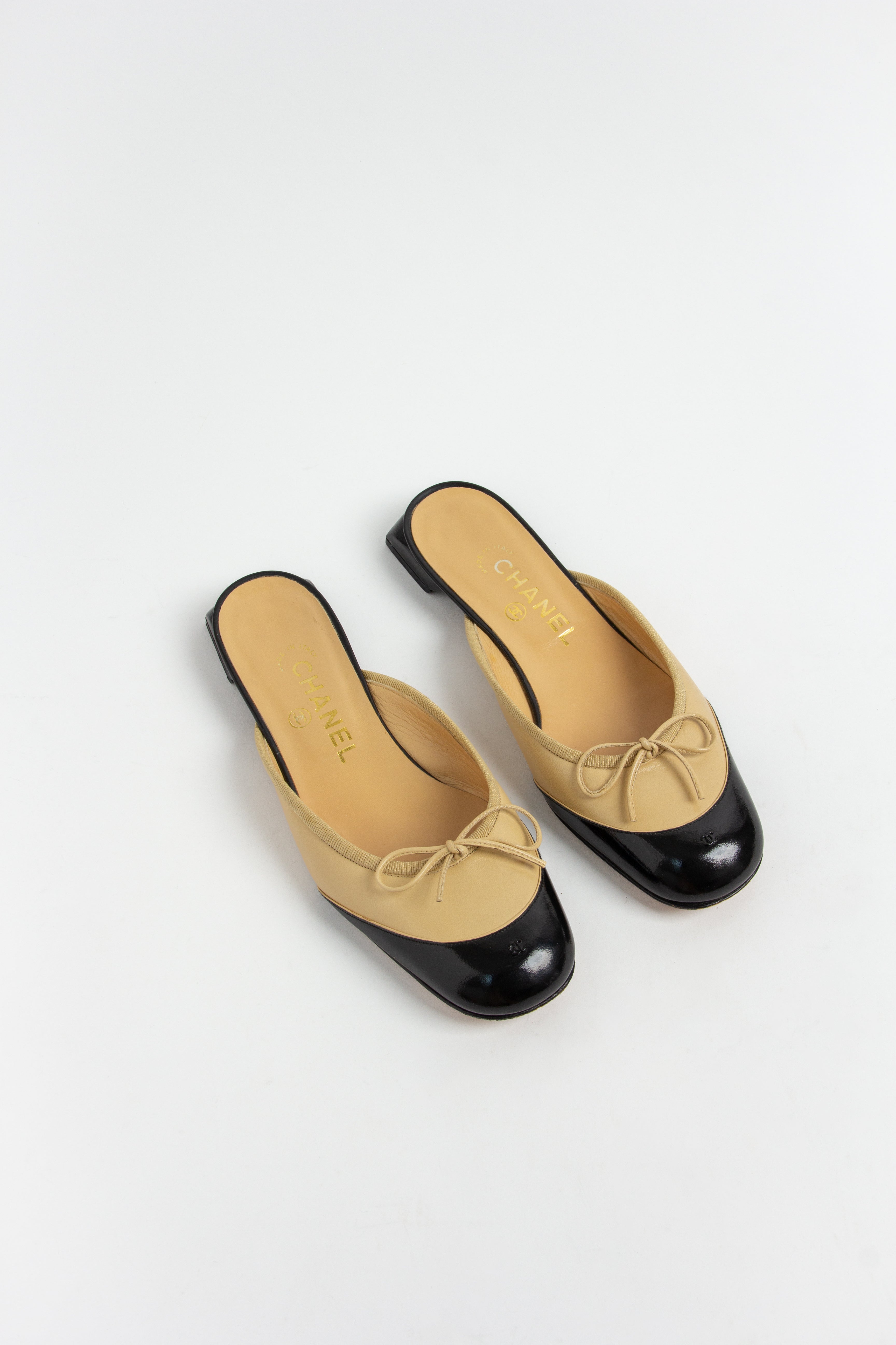 Chanel Beige and Black Squared Toe Mules (IT 36.5)