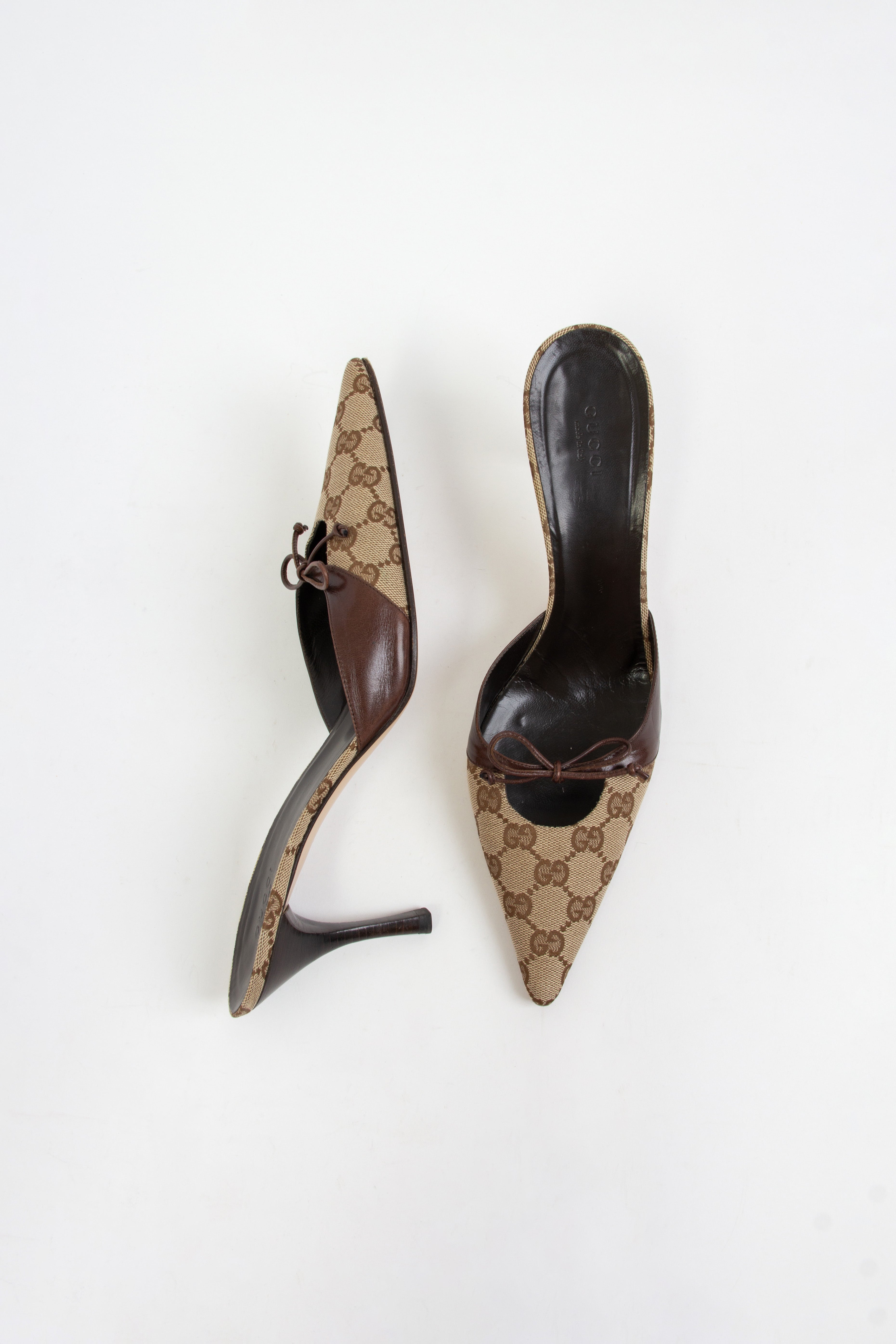 Gucci Brown Monogram Cut Out Bow Mules (US 10)