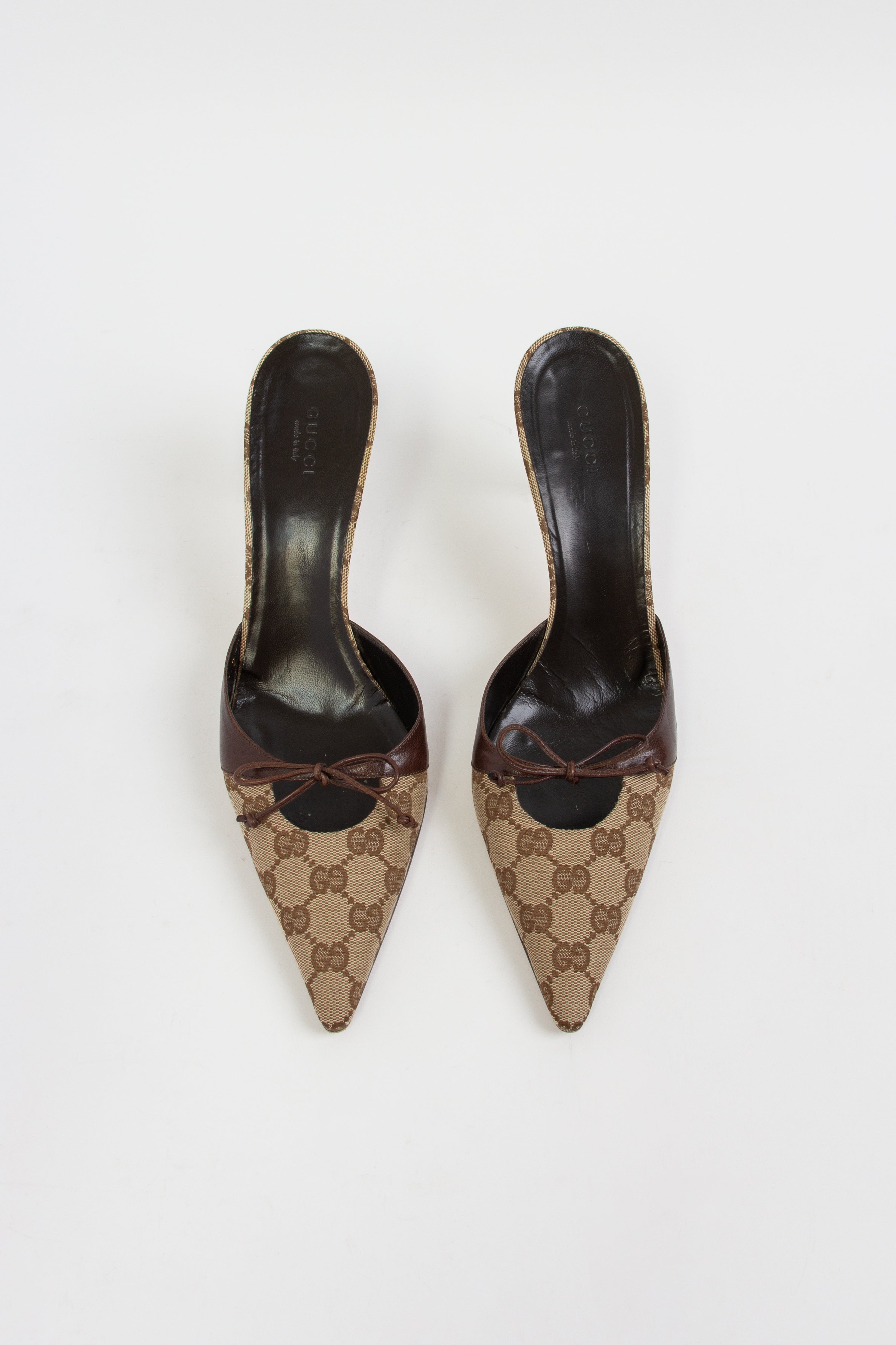 Gucci Brown Monogram Cut Out Bow Mules (US 10)