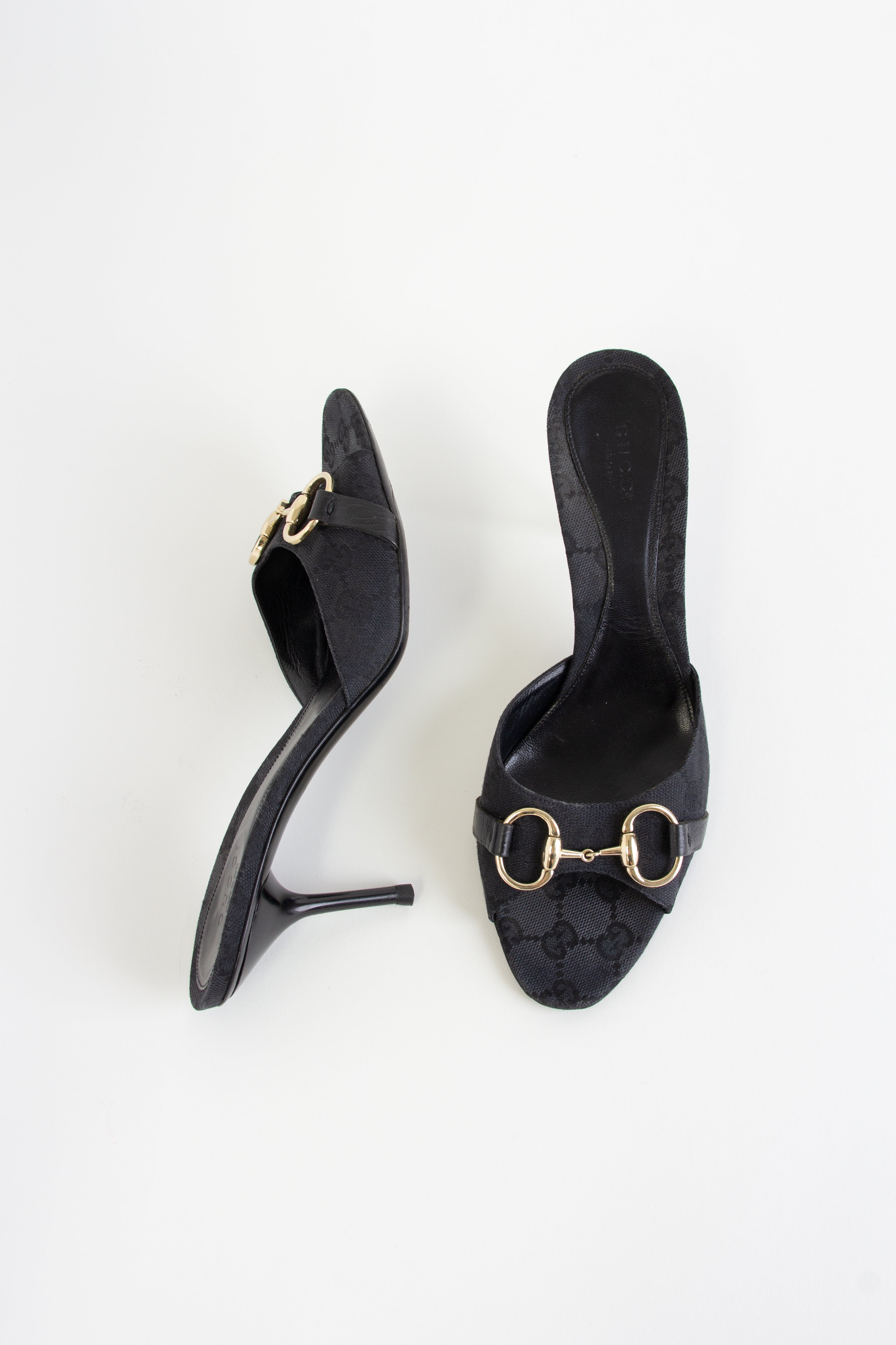 Gucci Black Canvas Monogram Horsebit Heels (US 8.5)