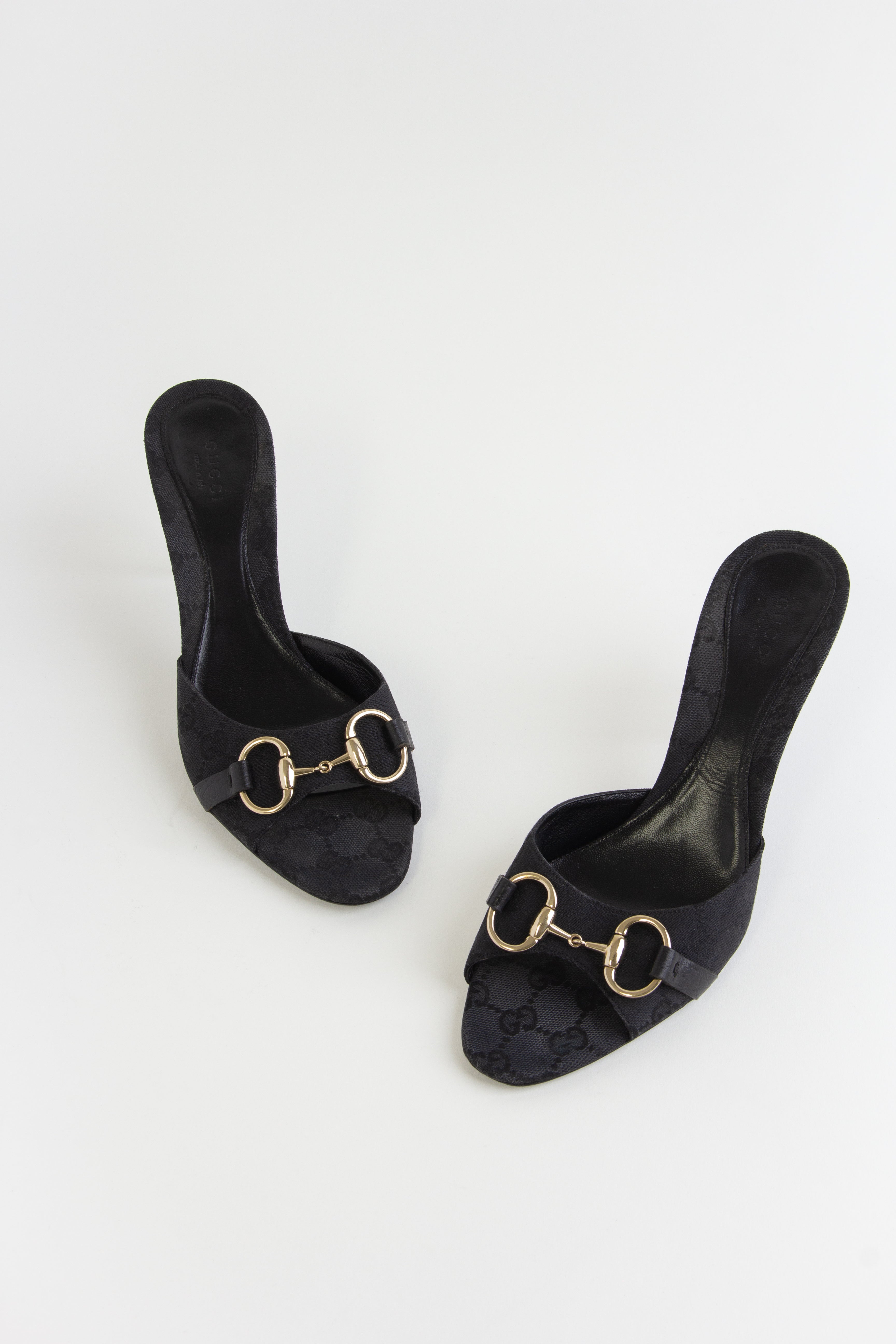 Gucci Black Canvas Monogram Horsebit Heels (US 8.5)