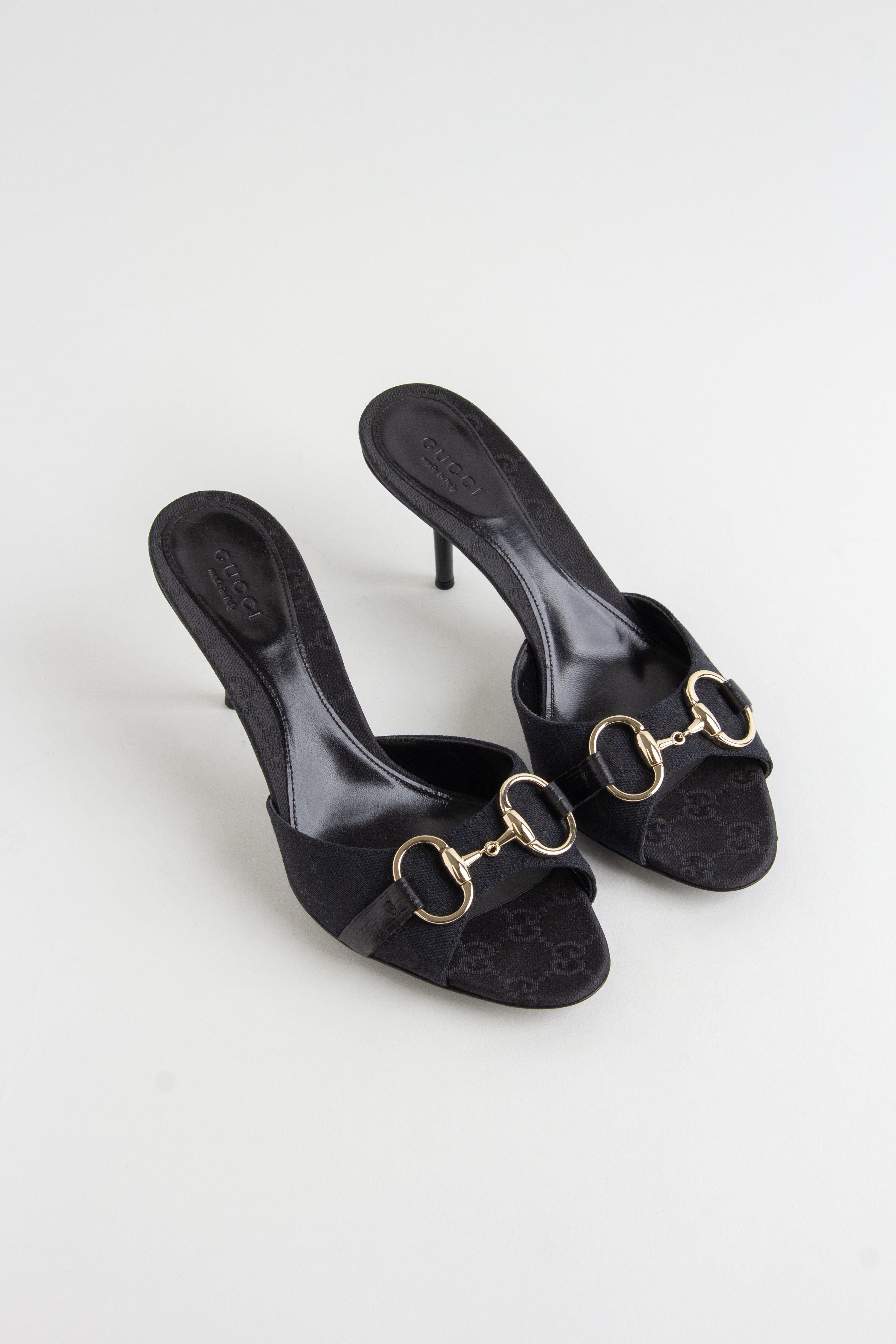 Gucci Black Canvas Monogram Horsebit Heels (IT 36)