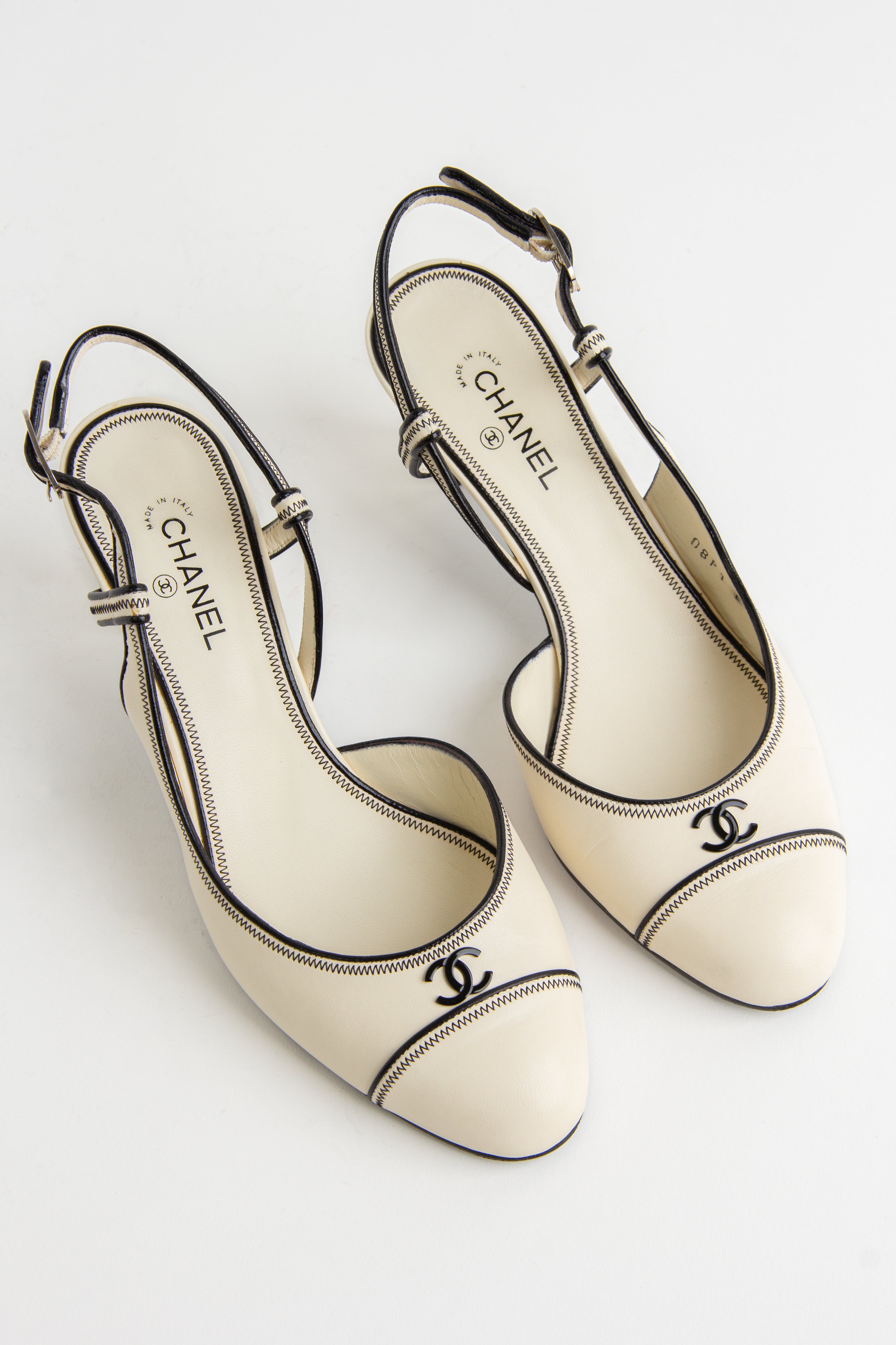 Rare Chanel Ivory + Black CC Slingback Heels (IT 37.5)