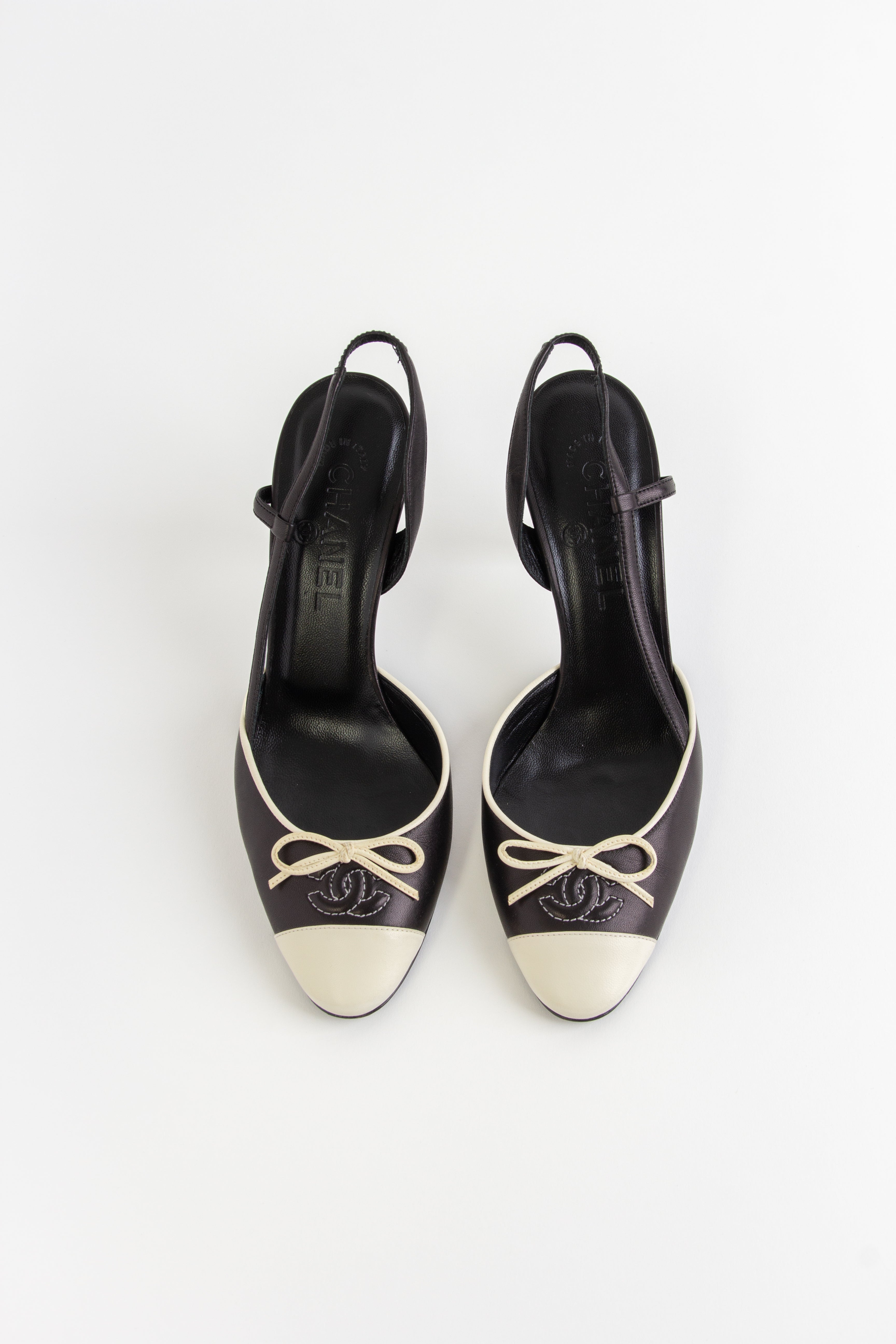 Chanel Black + Ivory CC Bow Slingback Heels (IT 37)