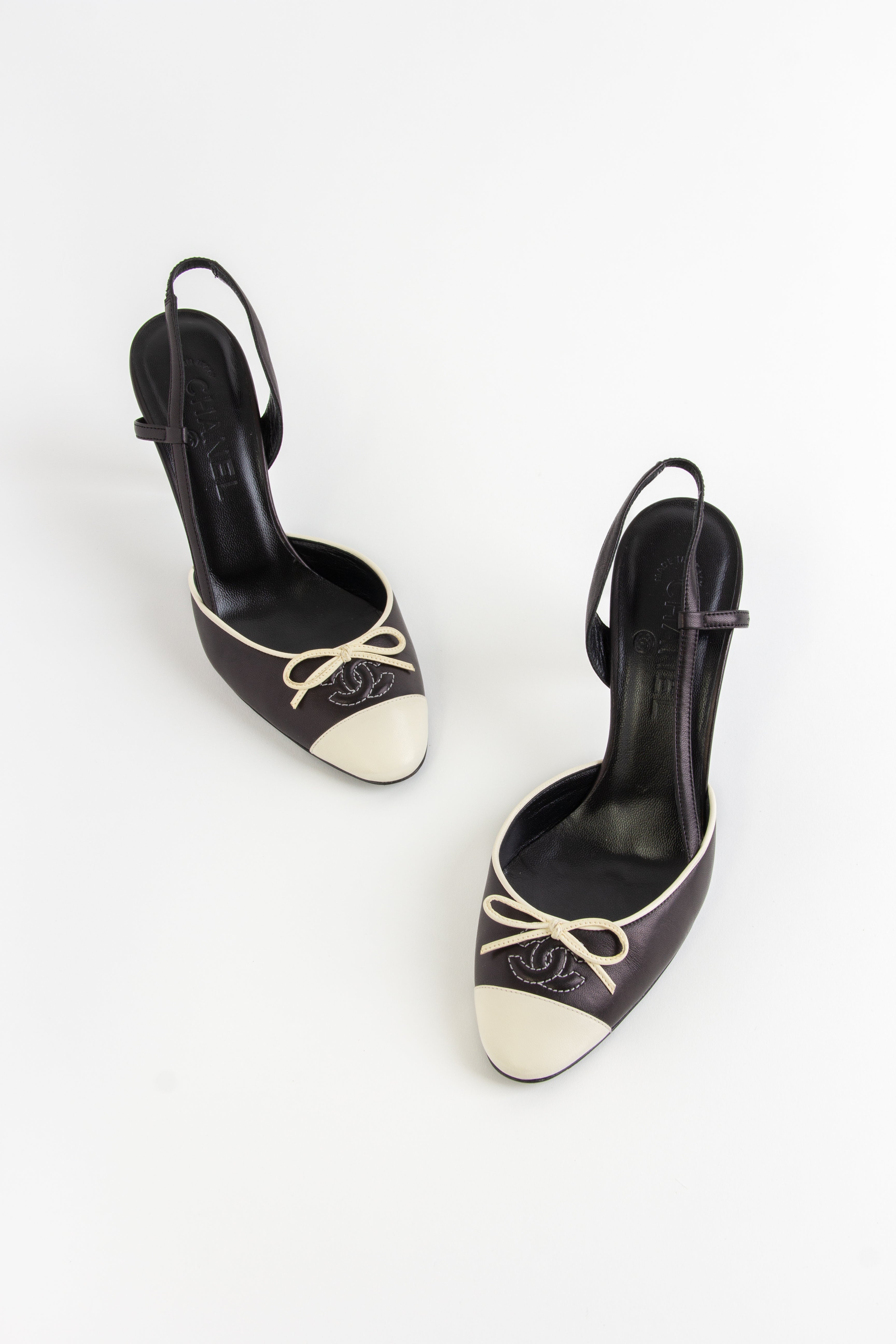 Chanel Black + Ivory CC Bow Slingback Heels (IT 37)