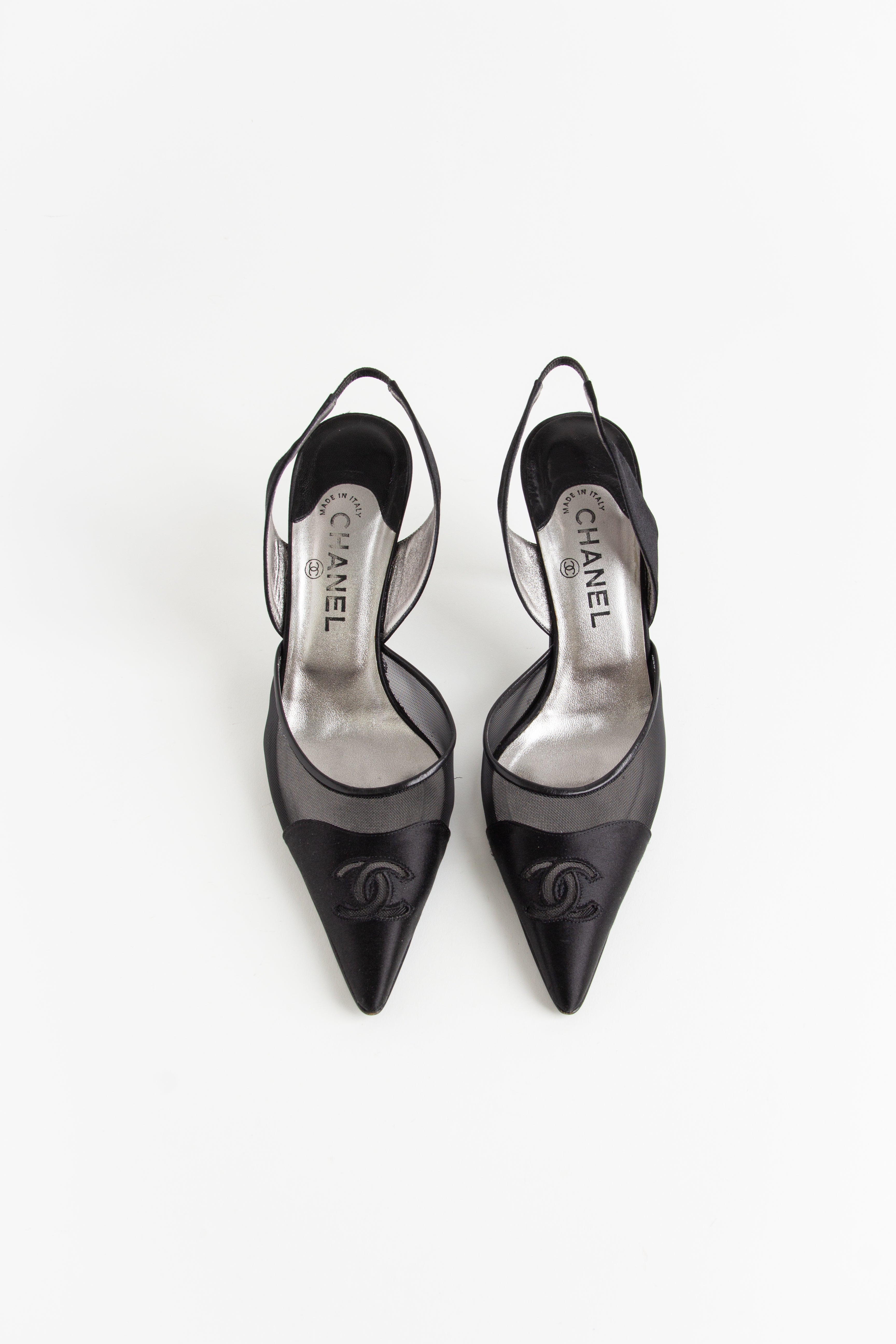 Chanel Black Satin Mesh Slingback Heels (IT 41.5)