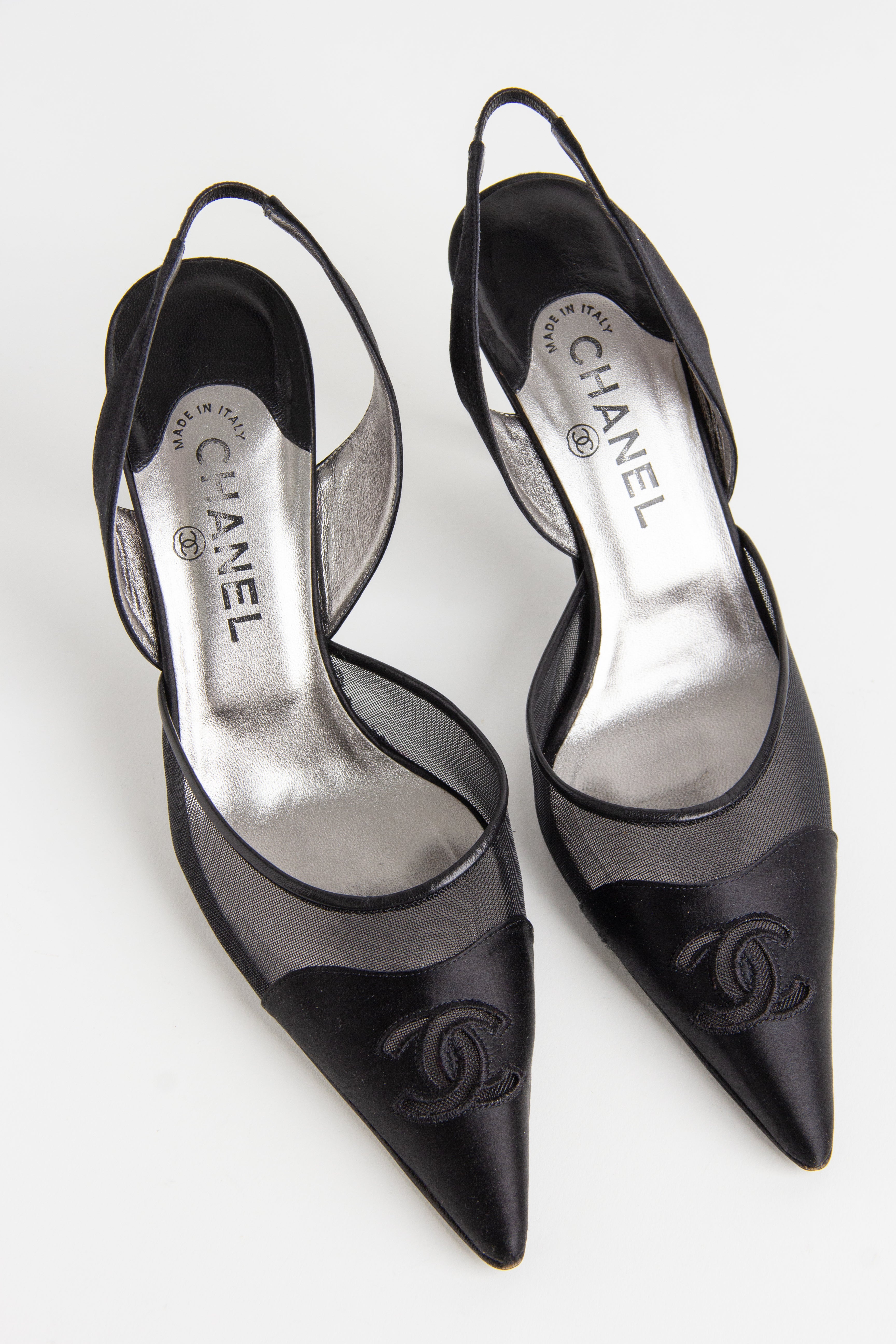 靴 Itami CHANEL 41 Chanel Black Satin Mesh Slingback Heels (IT 41.5)