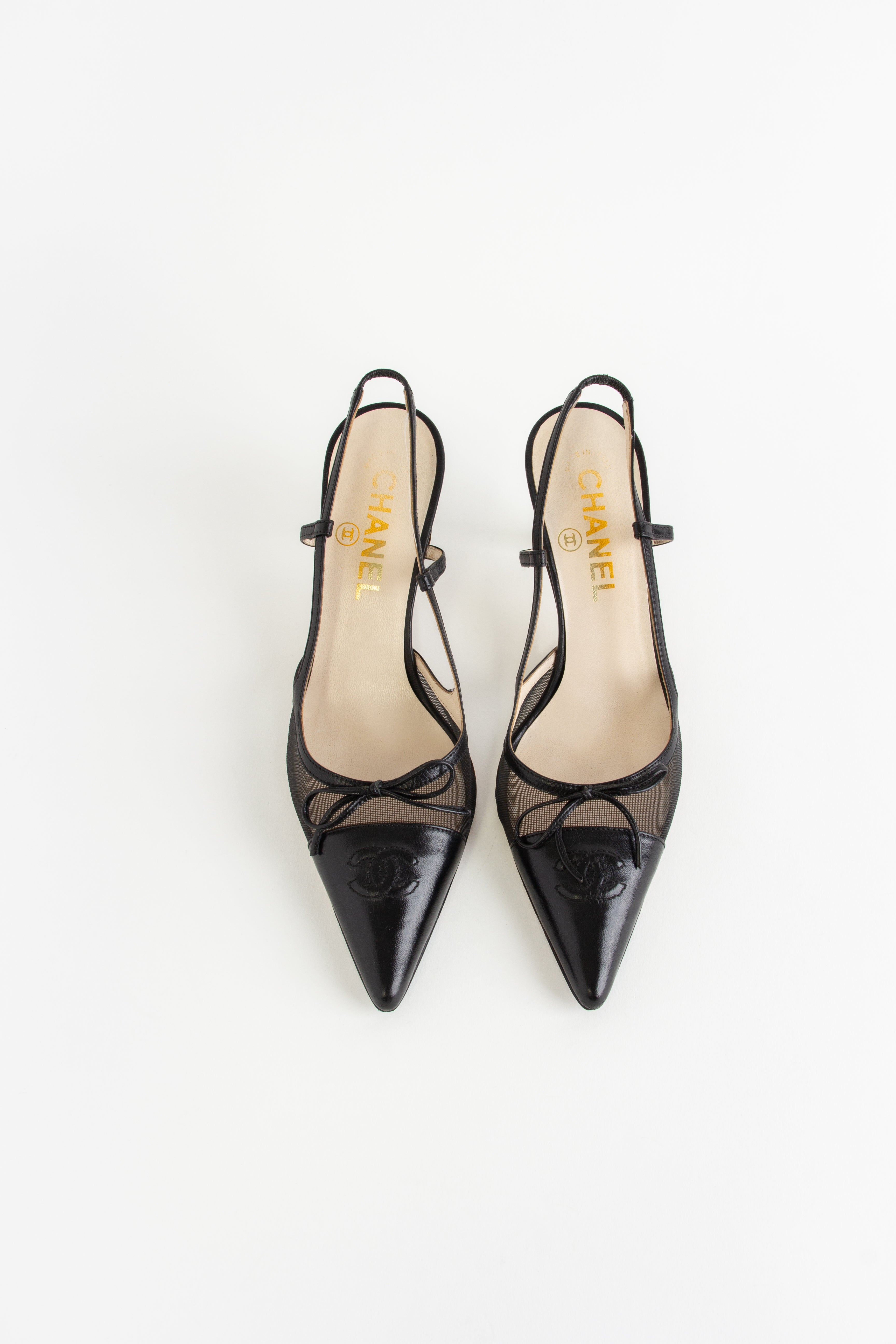 Chanel Black Mesh CC Bow Slingback Heels (IT 36.5)