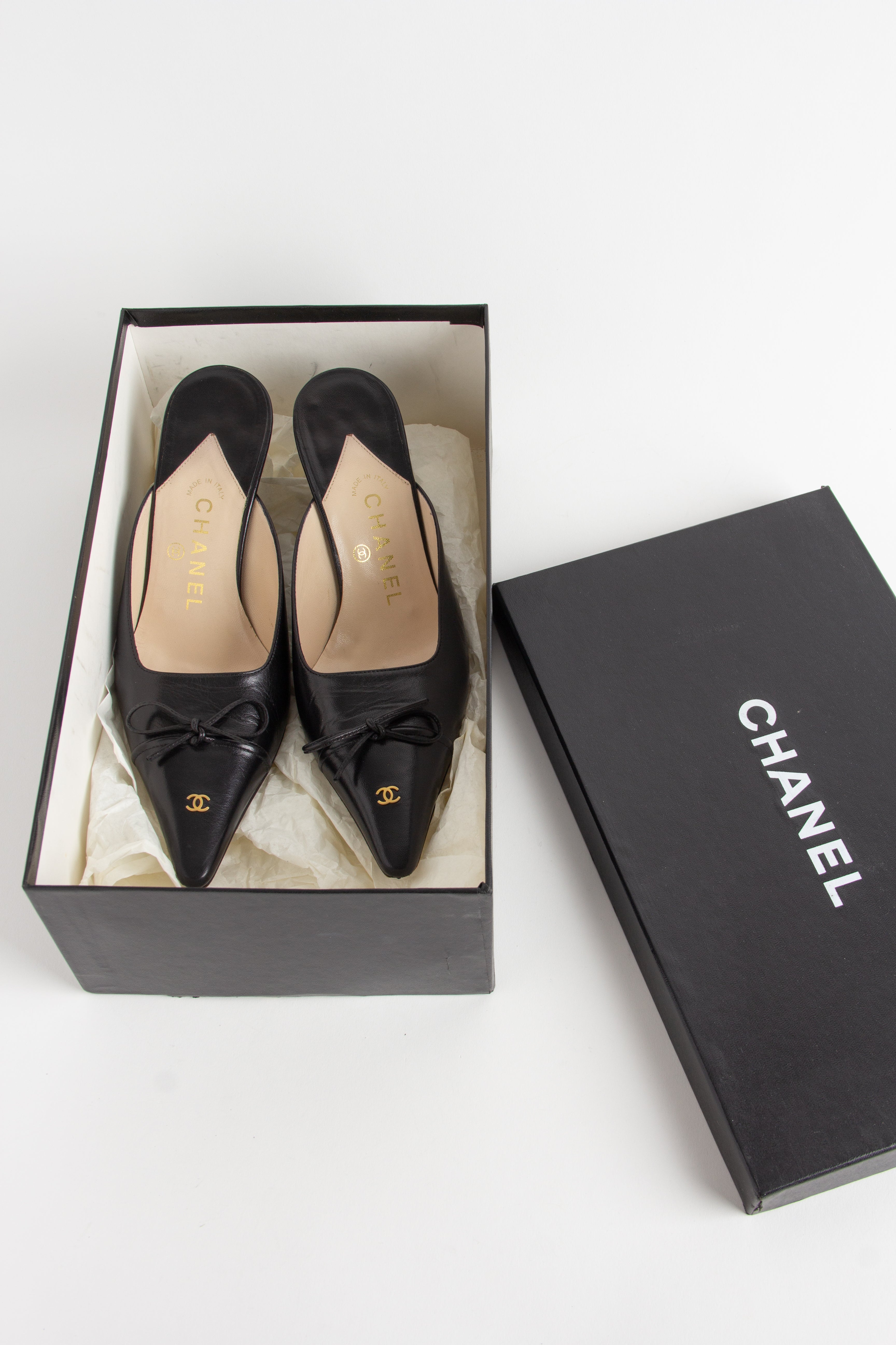 Chanel Vintage Black CC Bow Mules (IT 38)