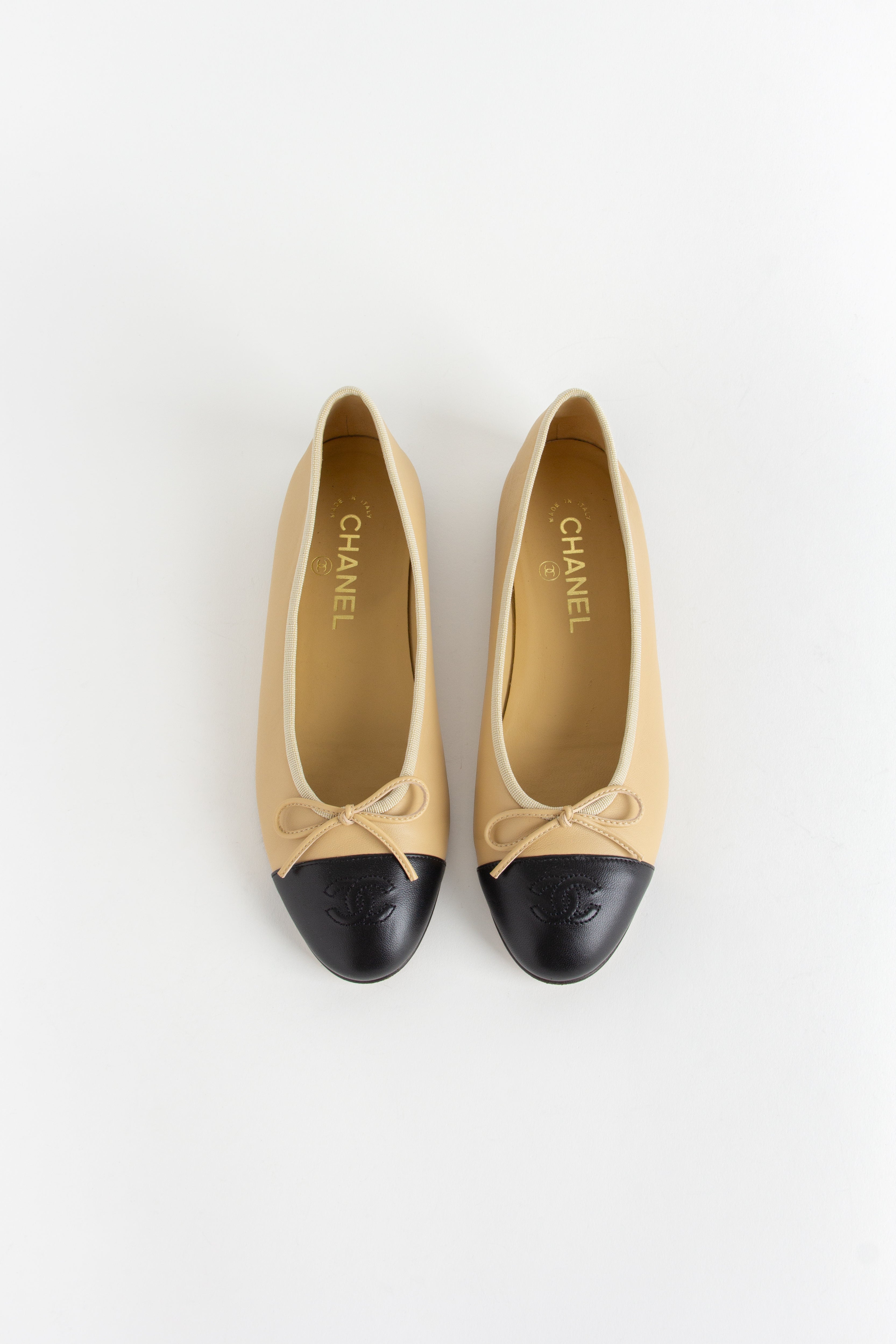 Chanel Beige + Black Ballerina Flats (IT 38)