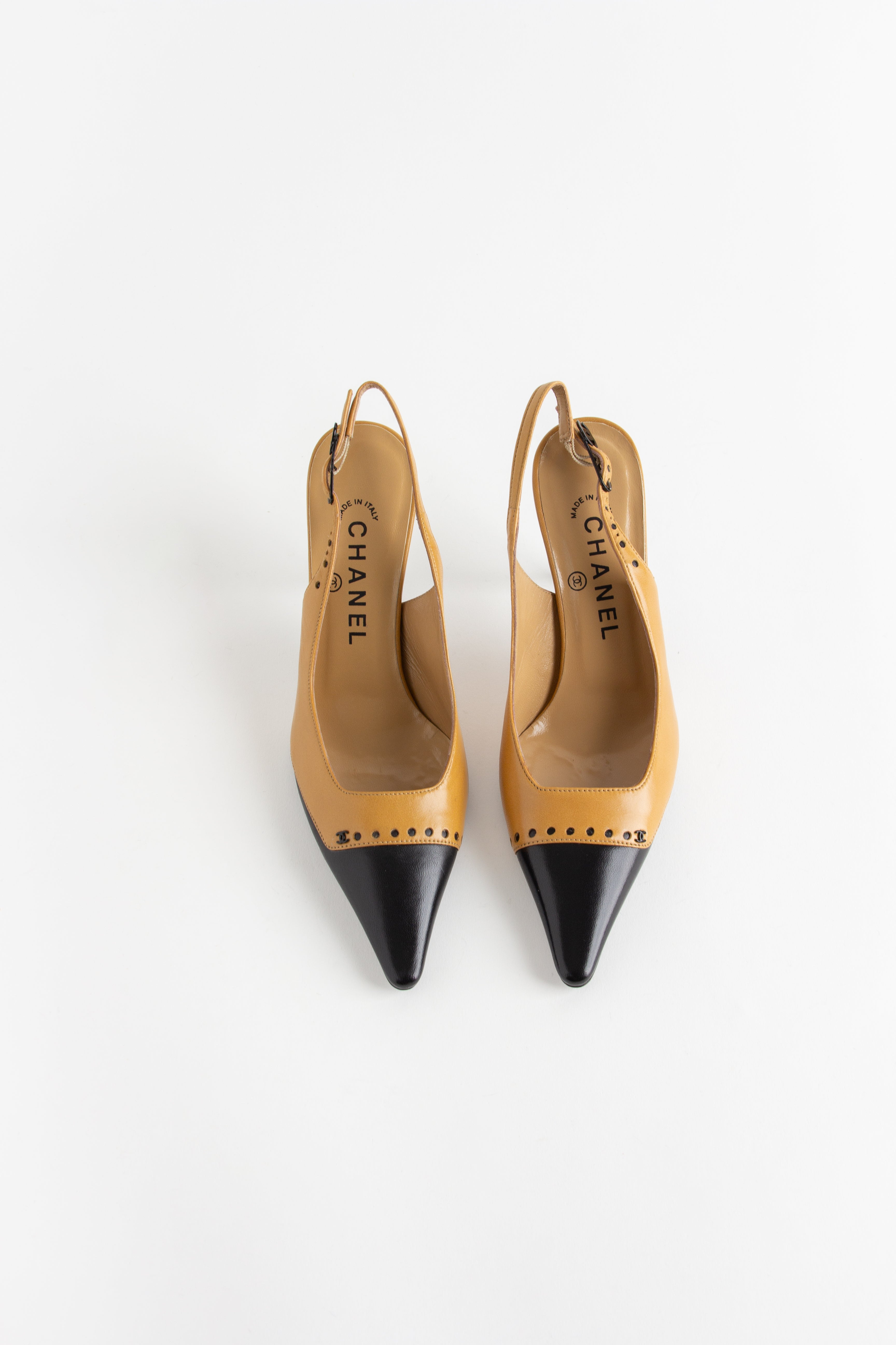 Chanel Brown + Black CC Dot Slingback Heels (IT 36.5)