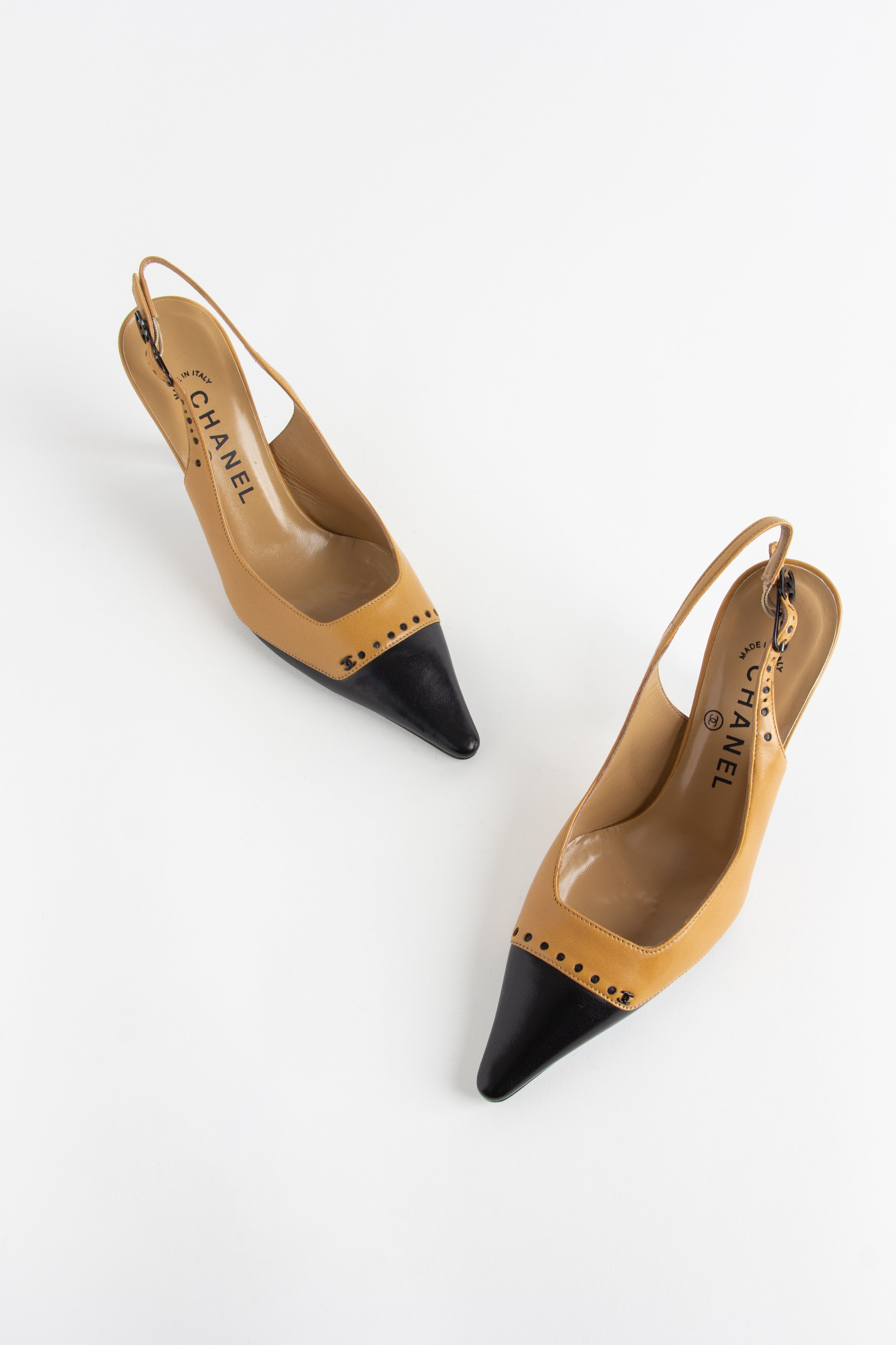 Chanel Brown + Black CC Dot Slingback Heels (IT 36.5)