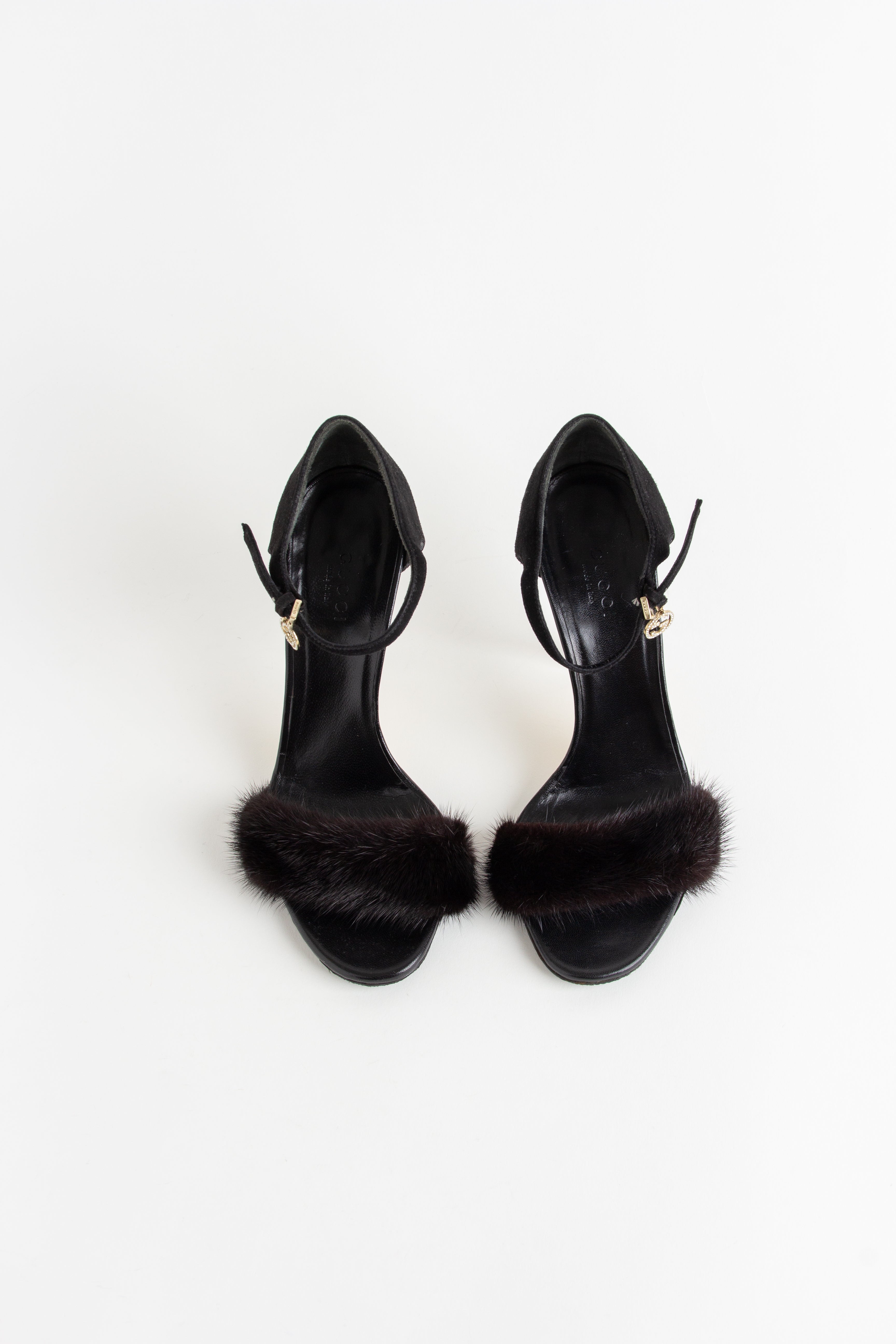 Gucci Black Fur + GG Charm Ankle Strap Heels (IT 35.5)