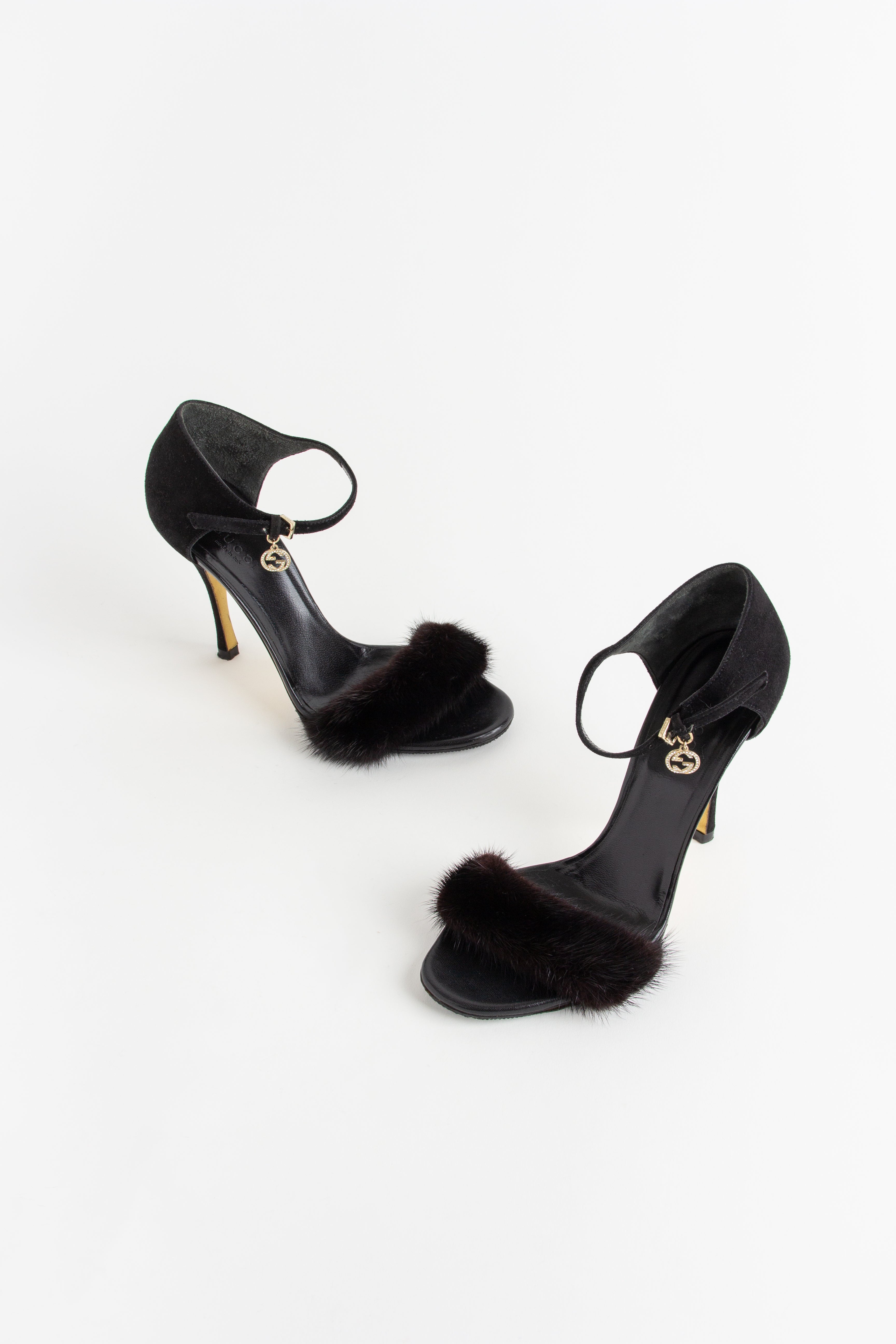 Gucci Black Fur + GG Charm Ankle Strap Heels (IT 35.5)