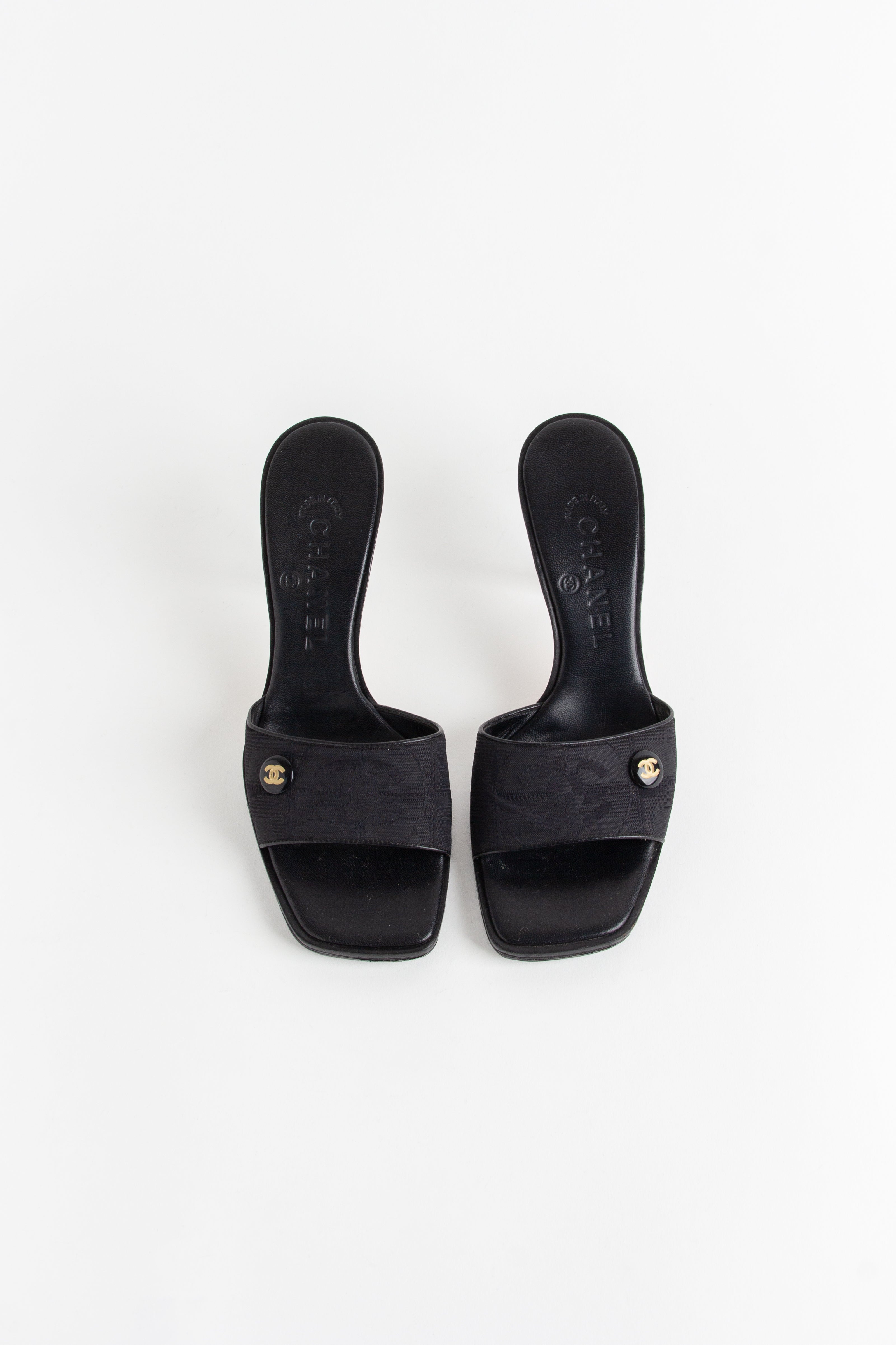 Chanel Black Square Toe CC Fabric Heels (IT 36.5)