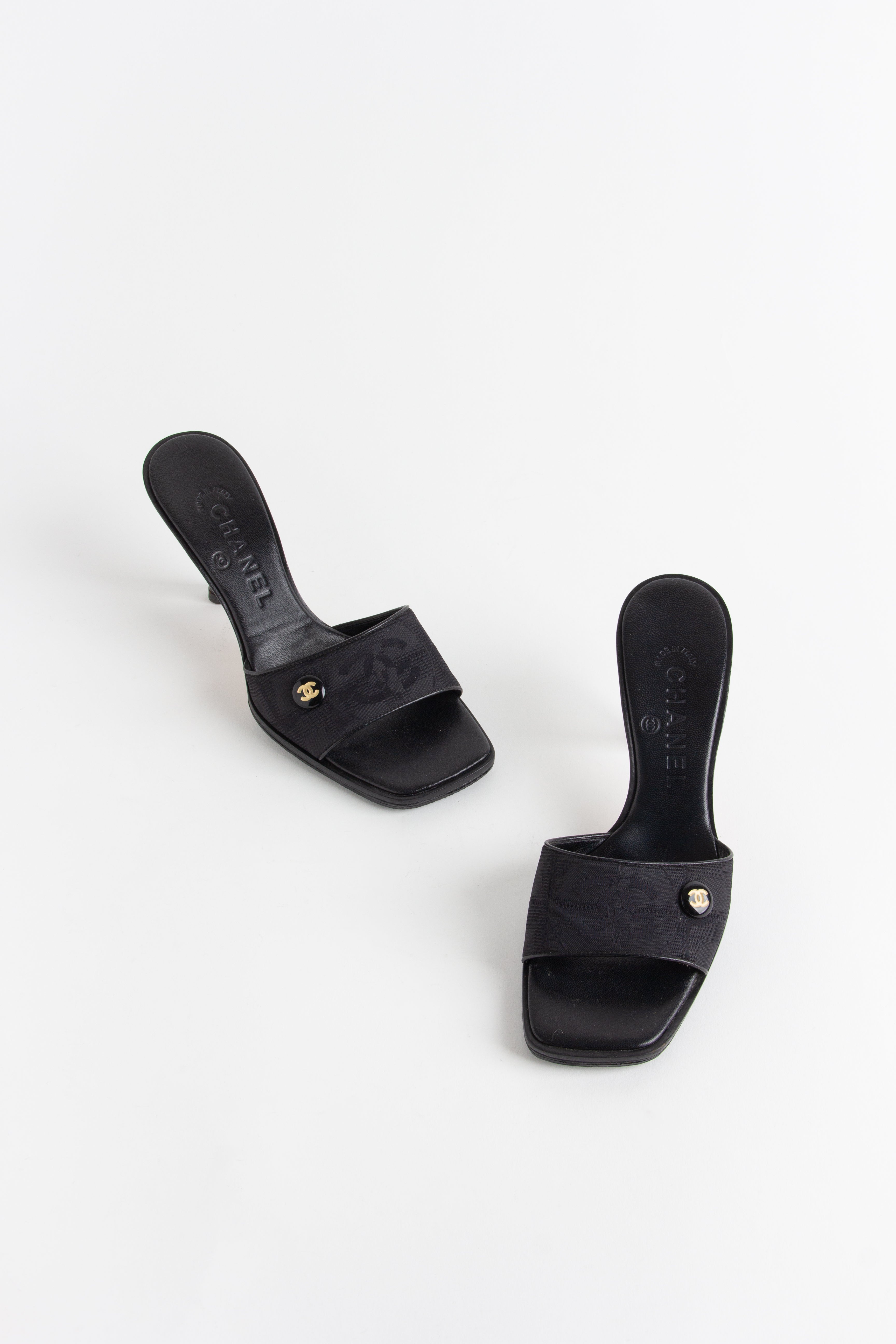 Chanel Black Square Toe CC Fabric Heels (IT 36.5)