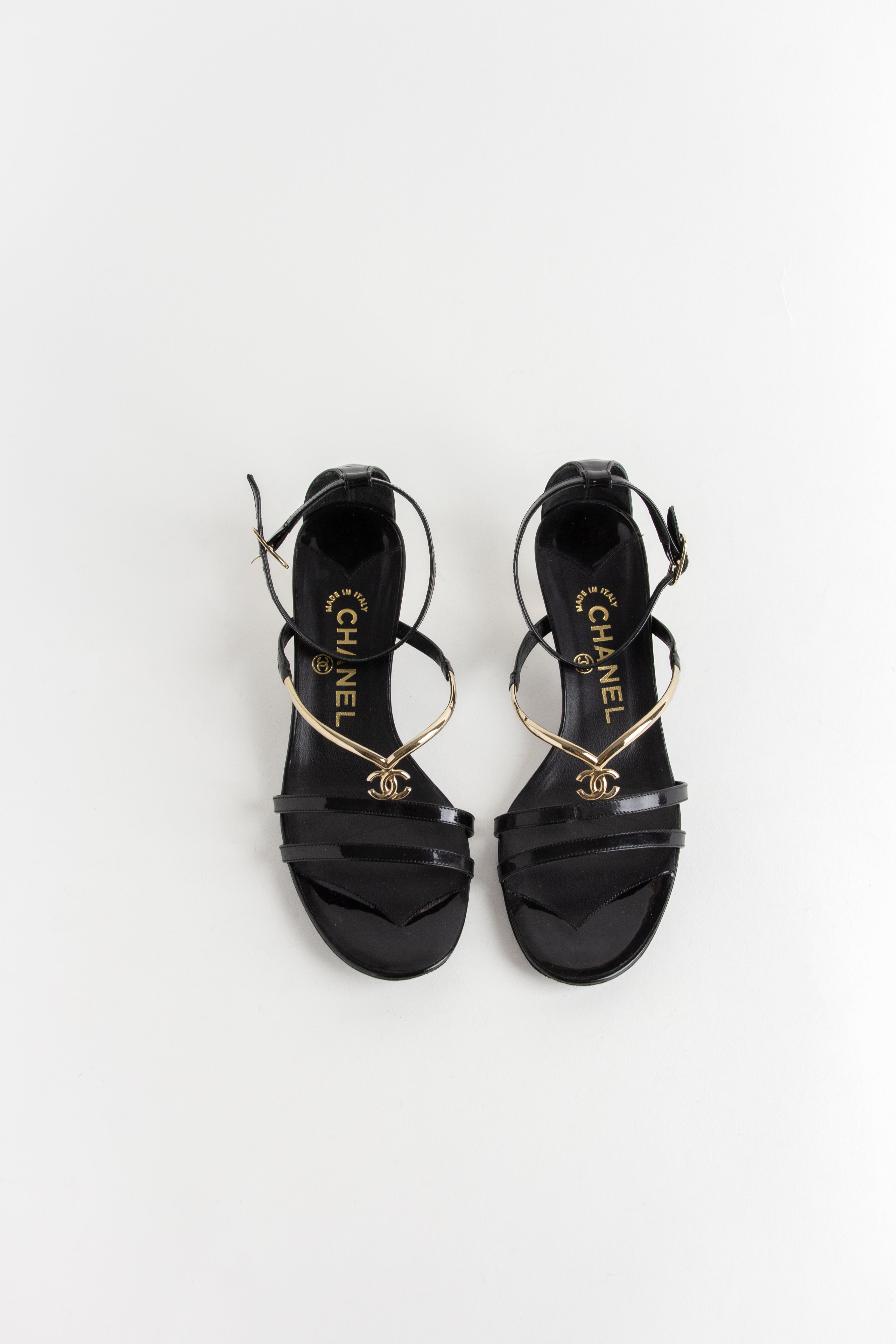 Chanel Black + Gold Patent Leather Kitten Heels (IT 37.5)