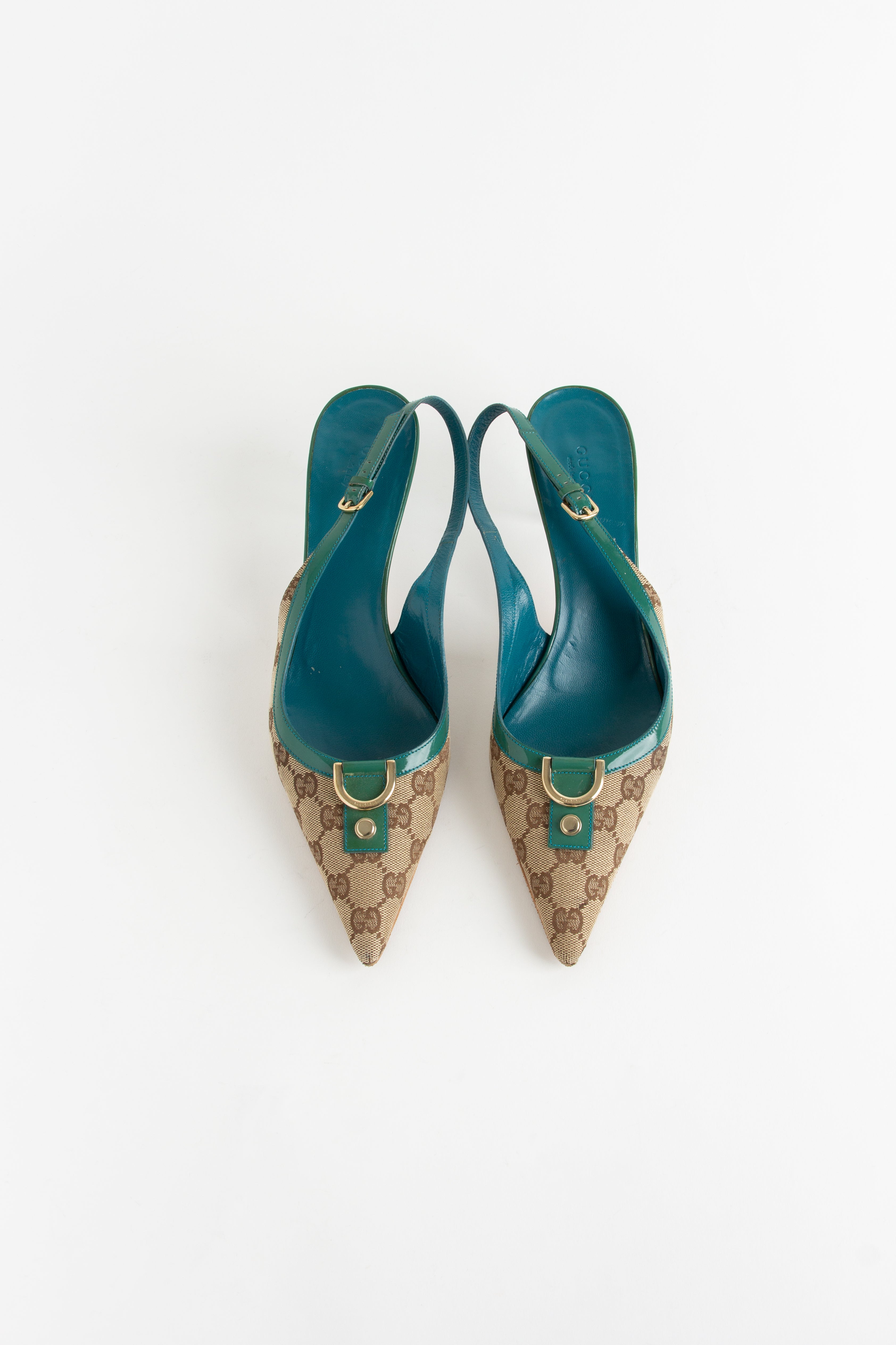 Gucci Green + Blue Canvas Monogram Slingback Heels (US 11)