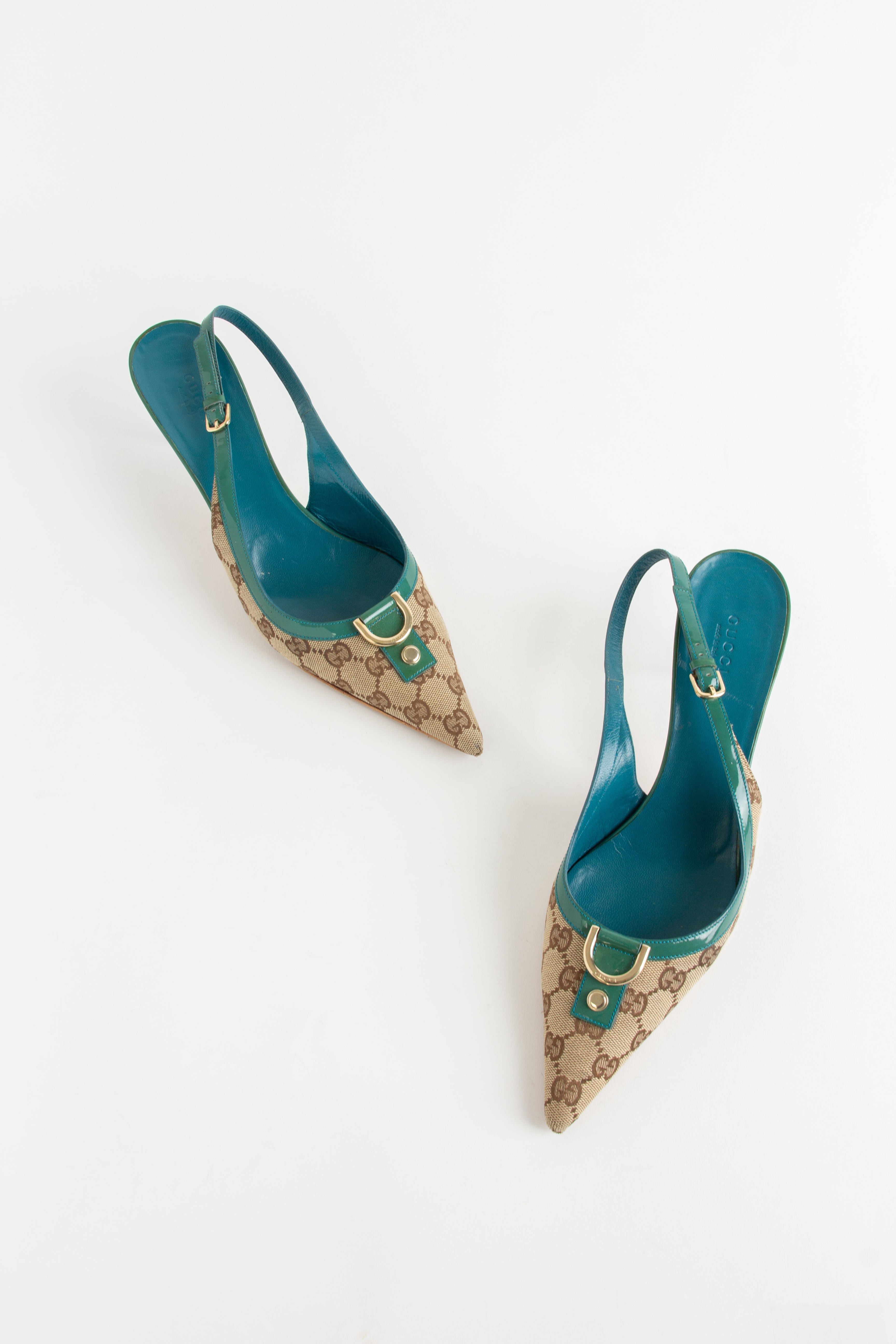 Gucci Green + Blue Canvas Monogram Slingback Heels (US 11)