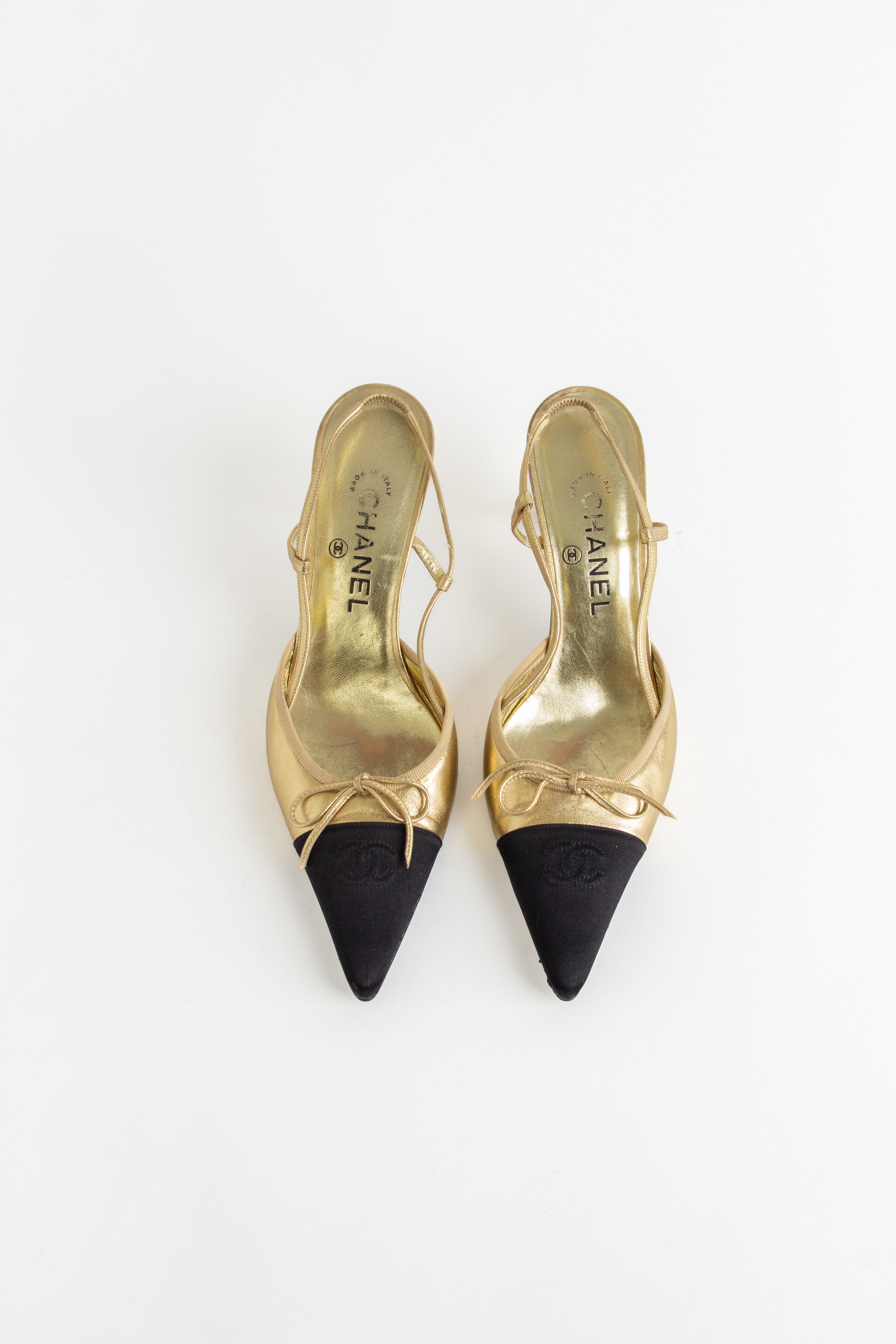 Chanel Gold + Black CC Bow Slingback Heels (IT 39.5)