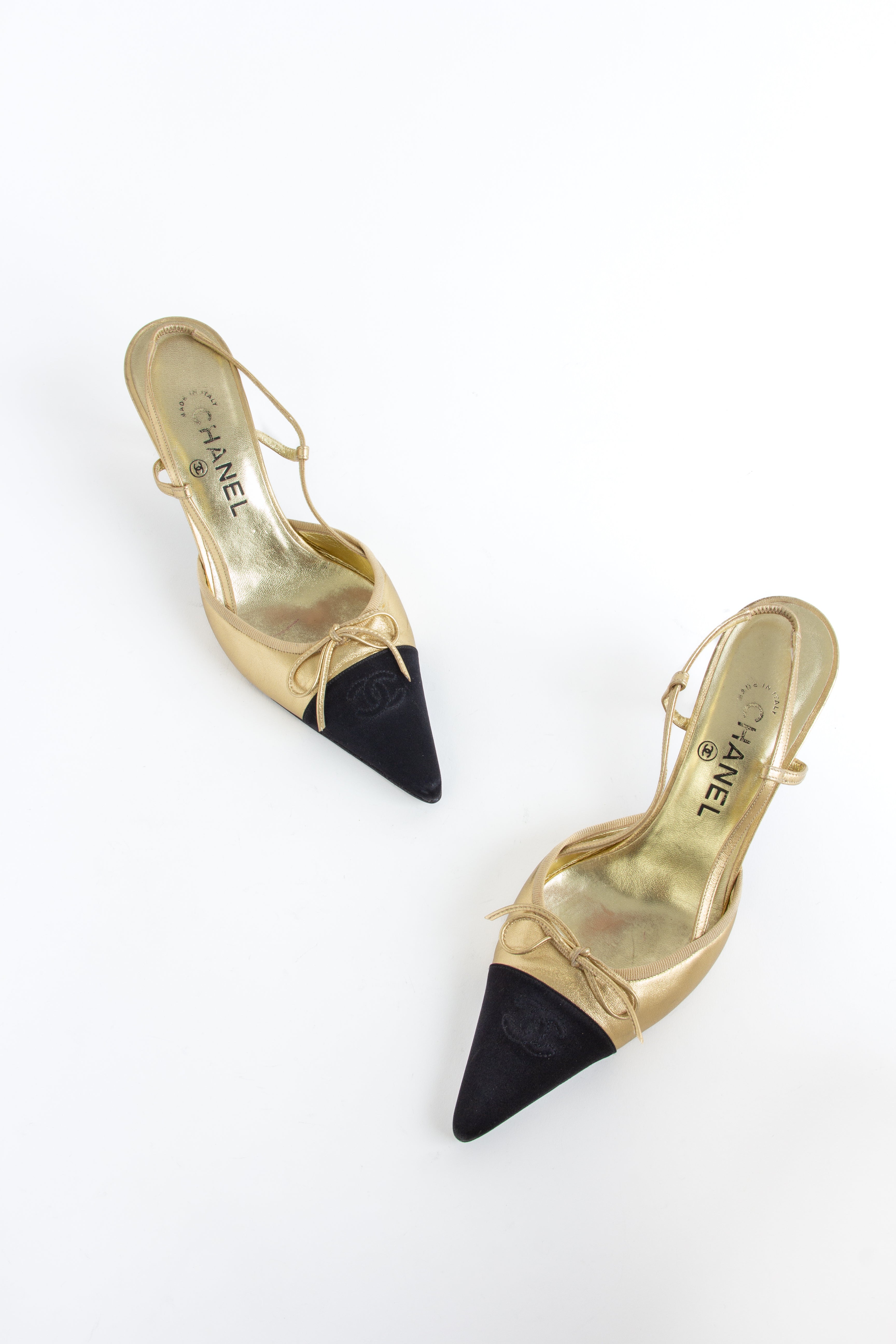 Chanel Gold + Black CC Bow Slingback Heels (IT 39.5)