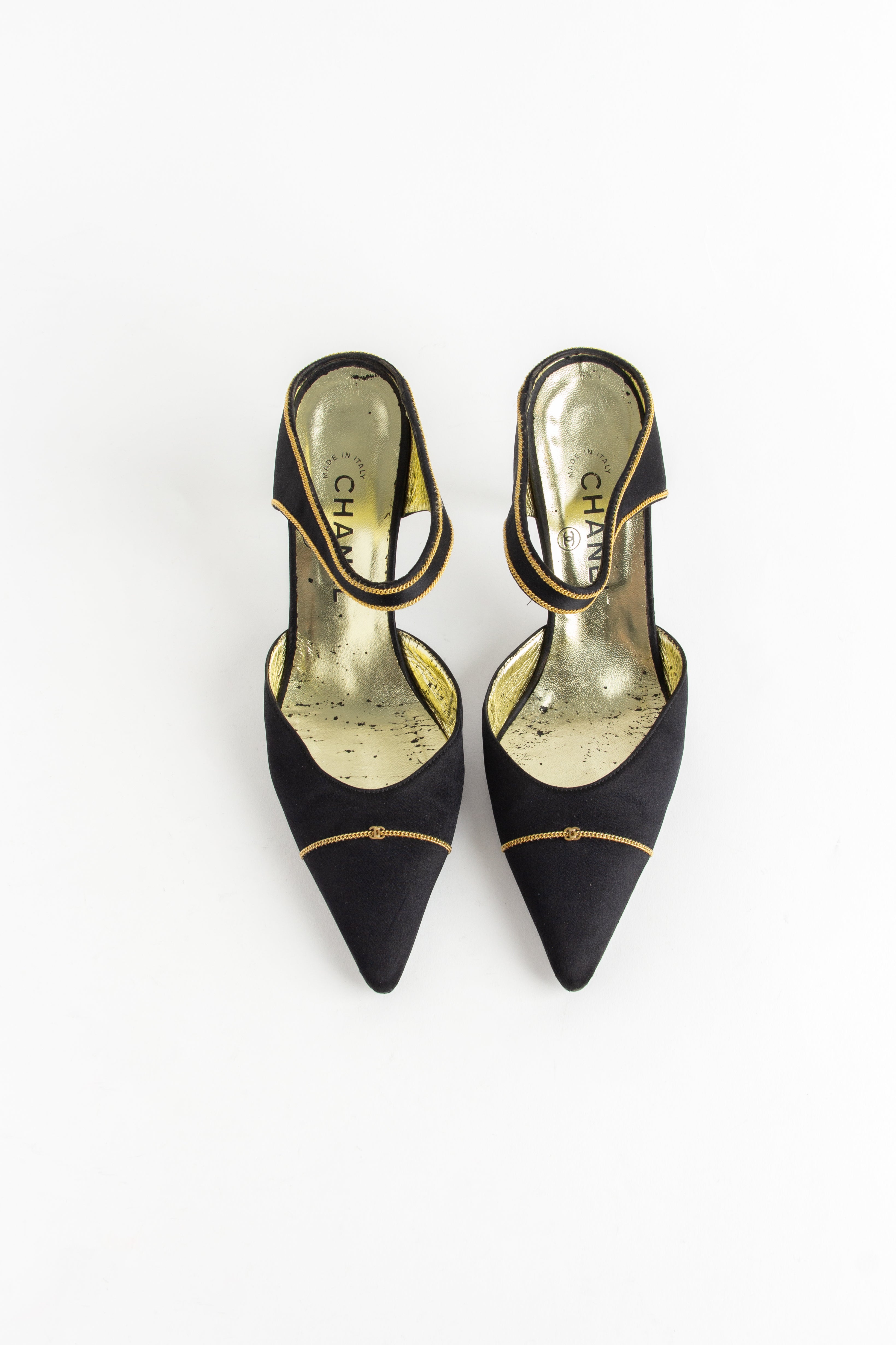 Chanel Vintage Black Satin / Gold Chain Mules (IT 37.5)