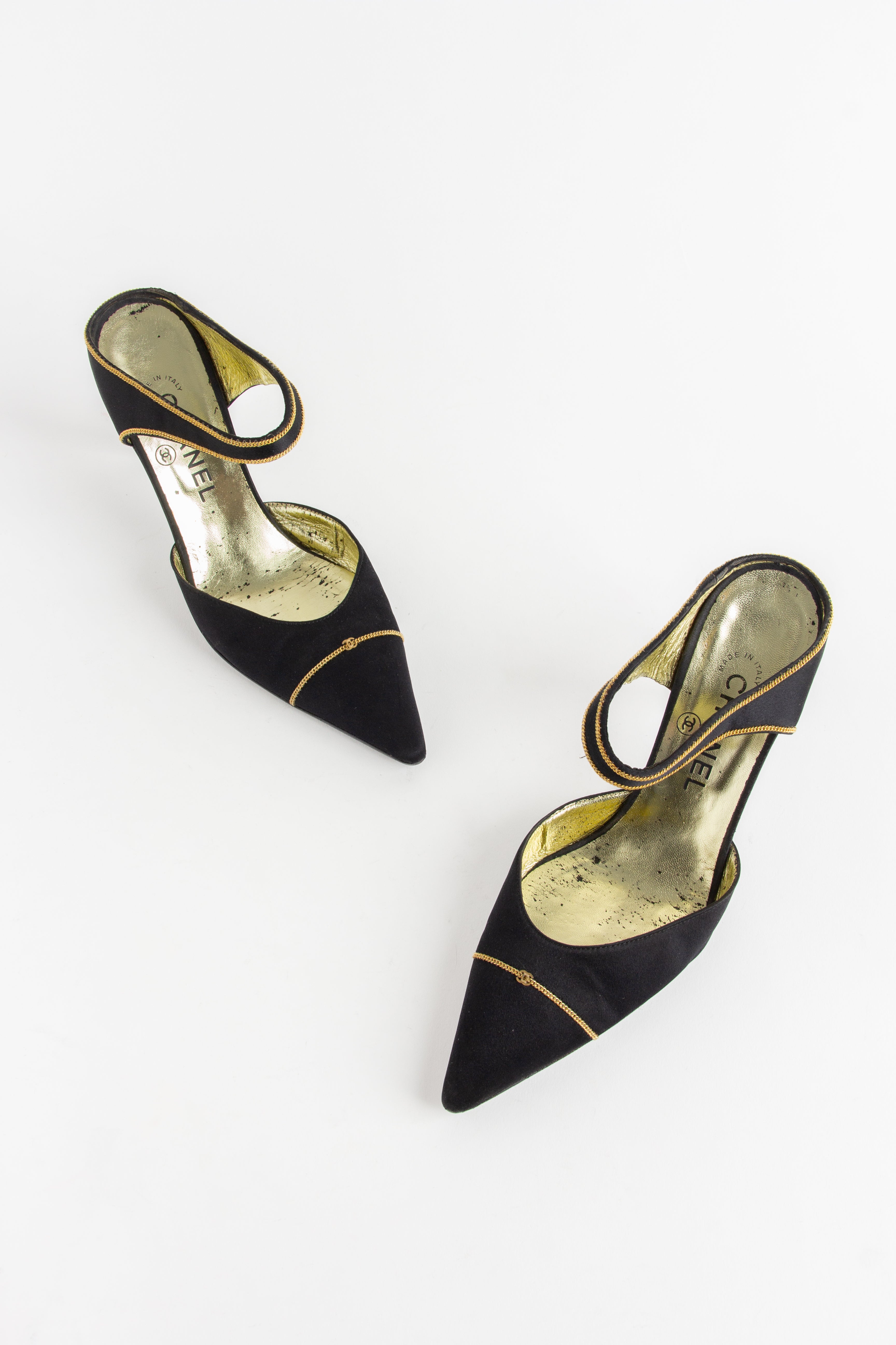 Chanel Vintage Black Satin / Gold Chain Mules (IT 37.5)