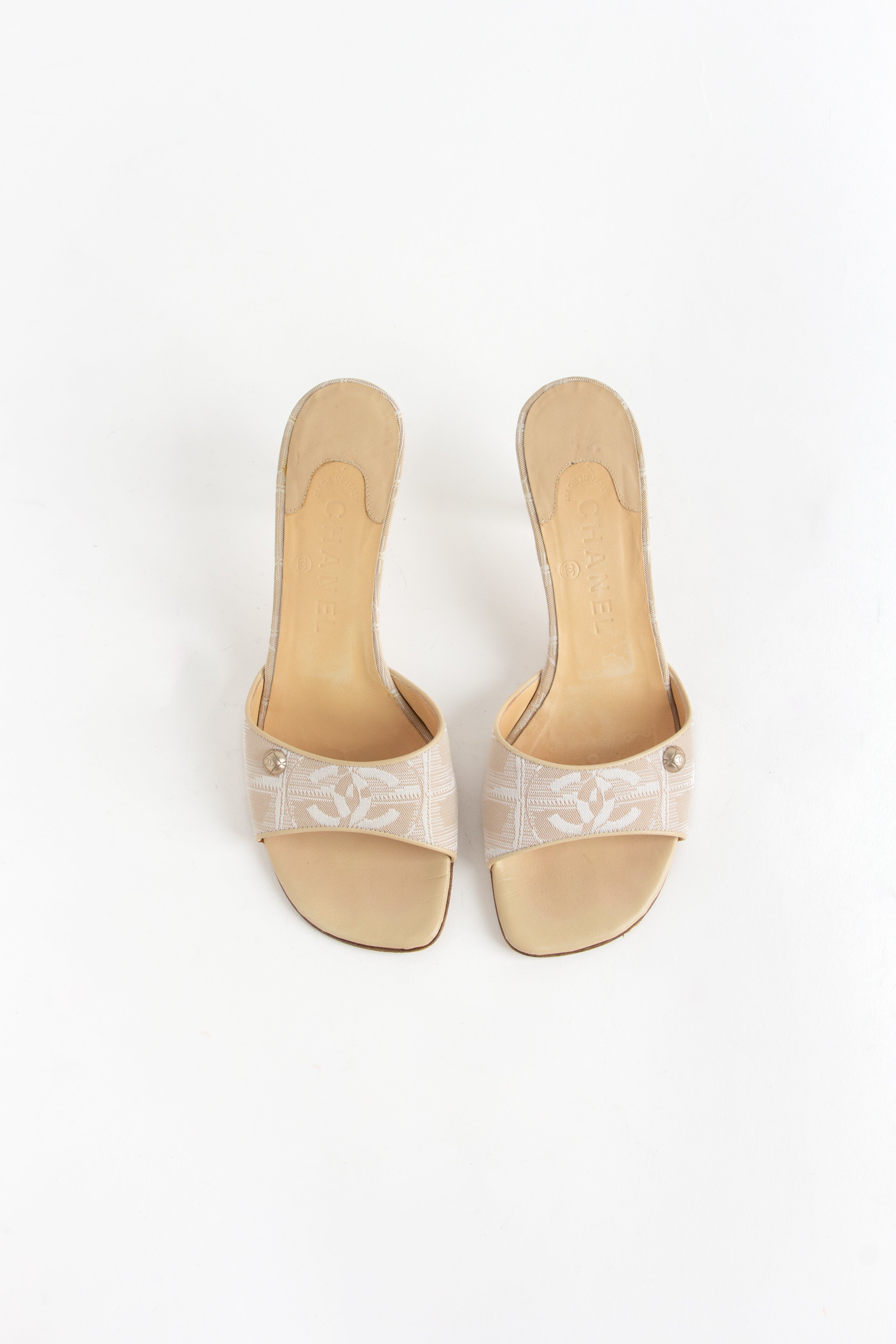 Chanel Beige Square Toe CC Fabric Heels (IT 37)