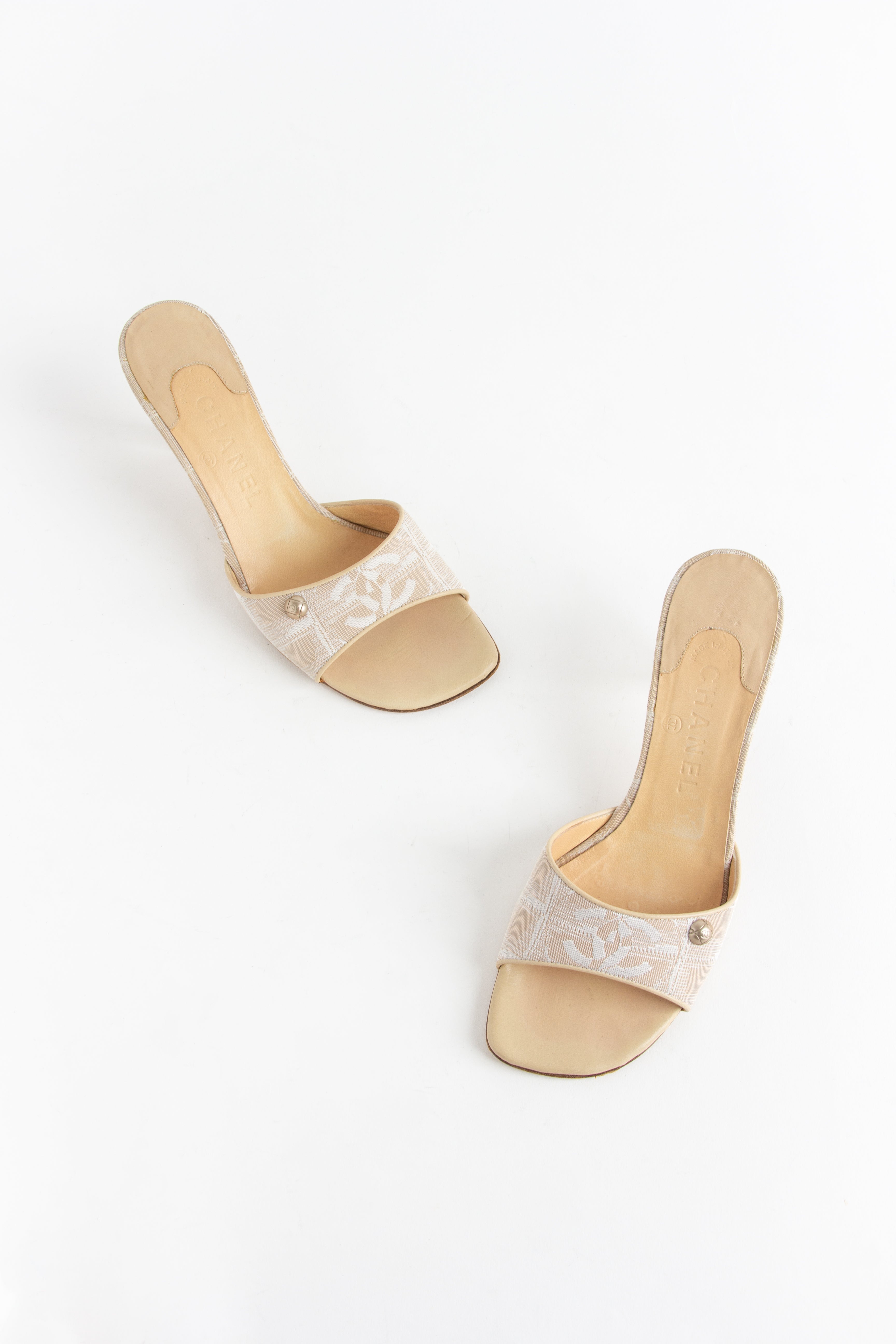 Chanel Beige Square Toe CC Fabric Heels (IT 37)