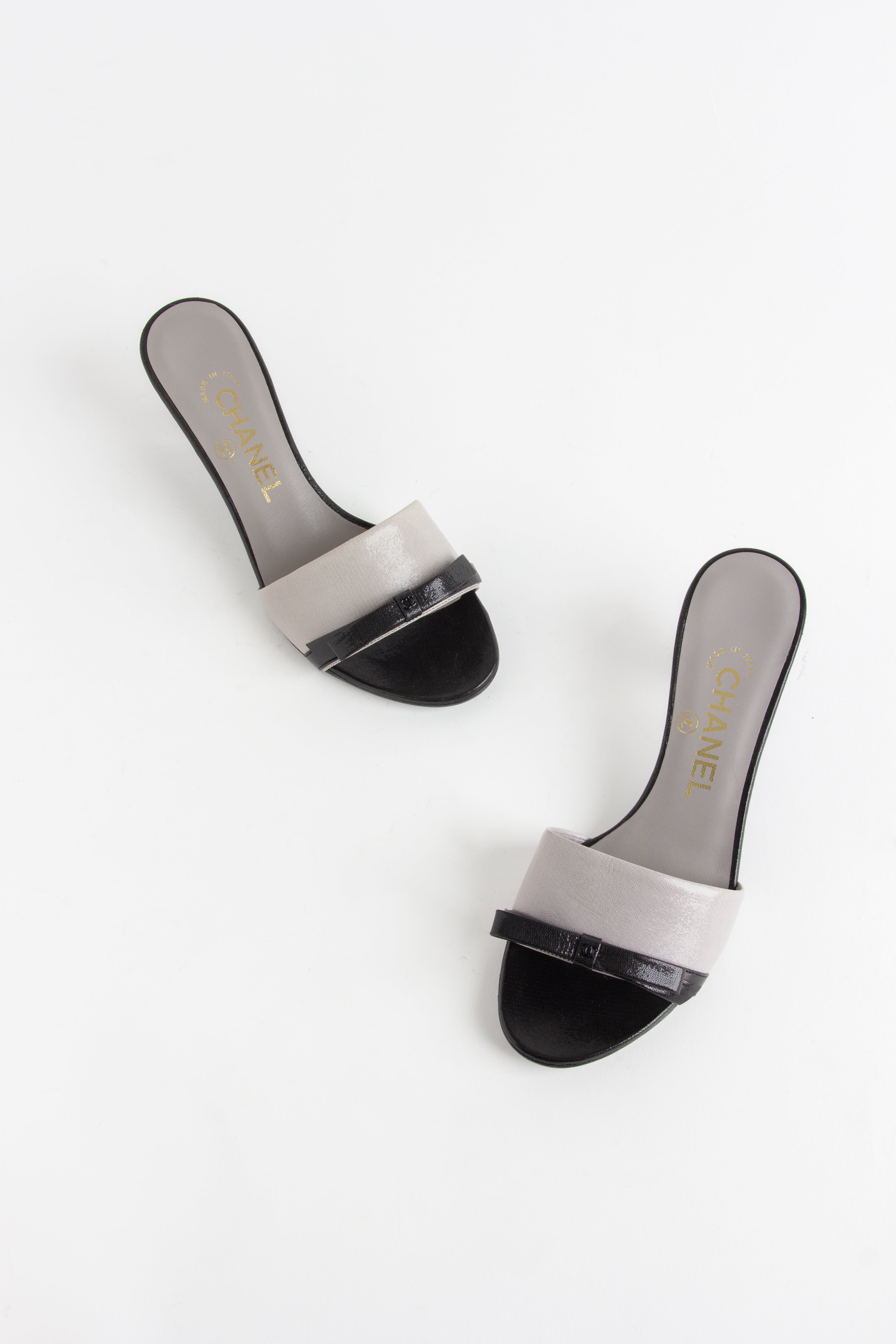 Chanel Grey + Black Glitter Bow CC Heels (IT 36.5)