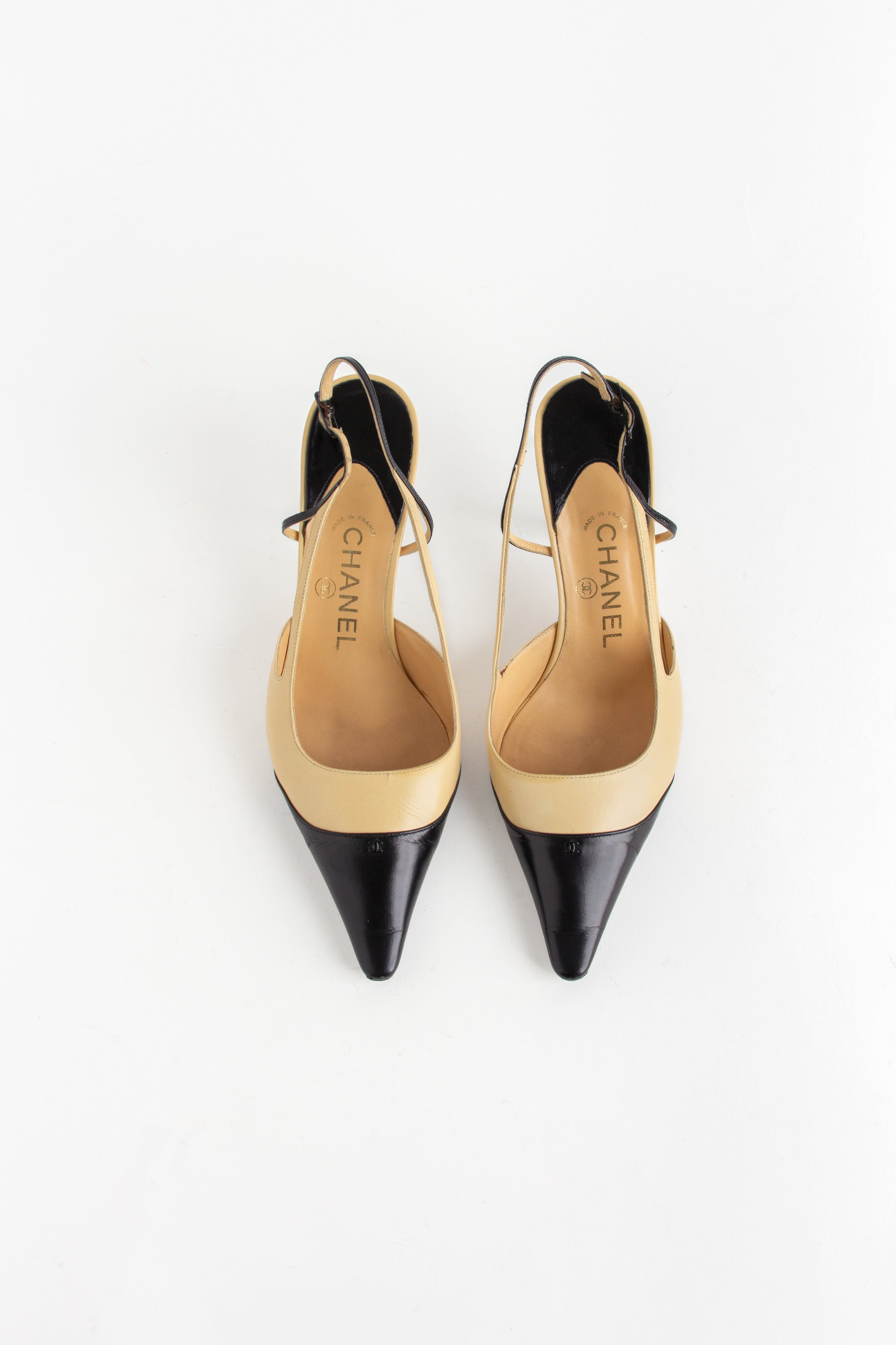 Chanel Beige + Black CC Emblem Slingback Heels (FR 37.5)