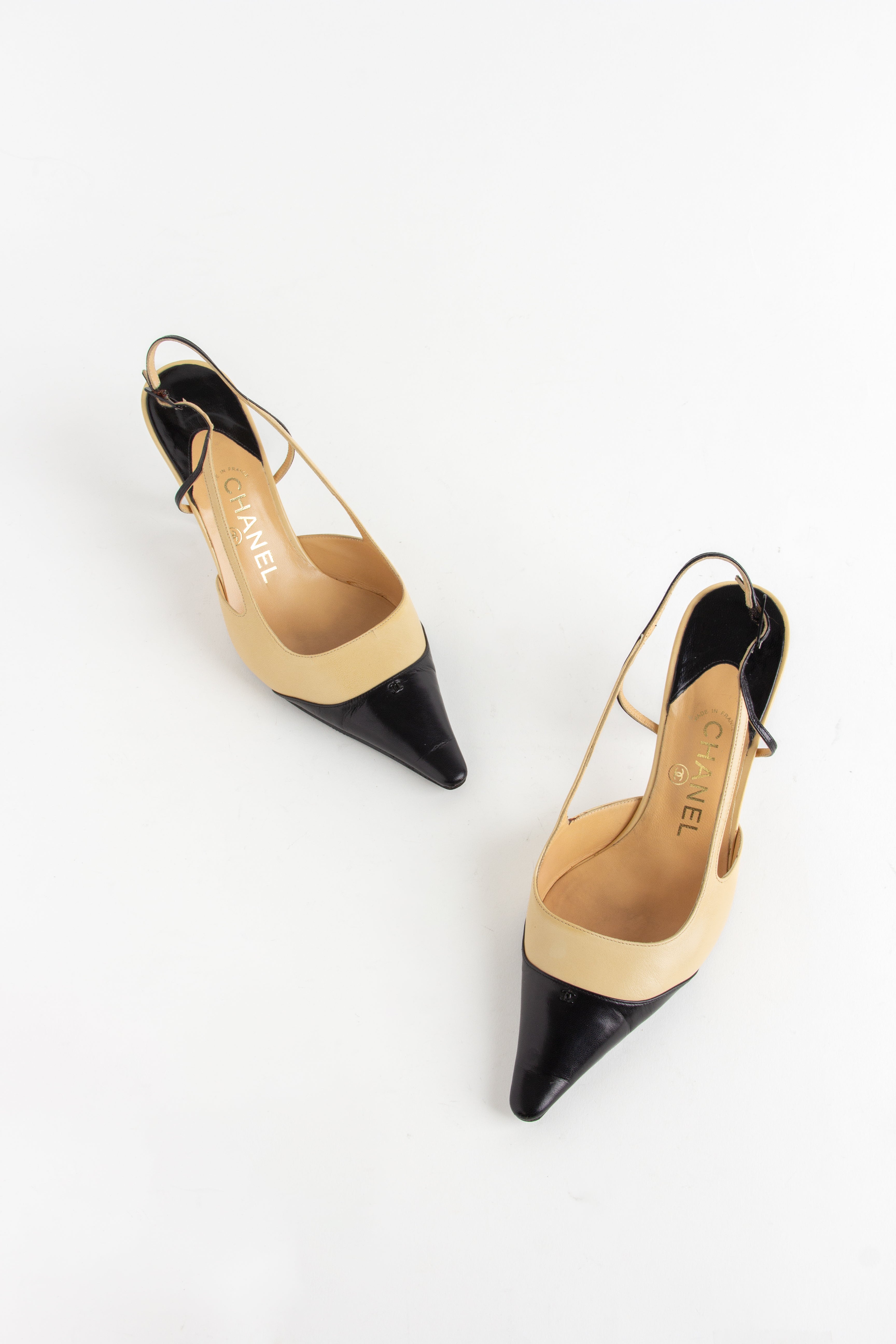 Chanel Beige + Black CC Emblem Slingback Heels (FR 37.5)