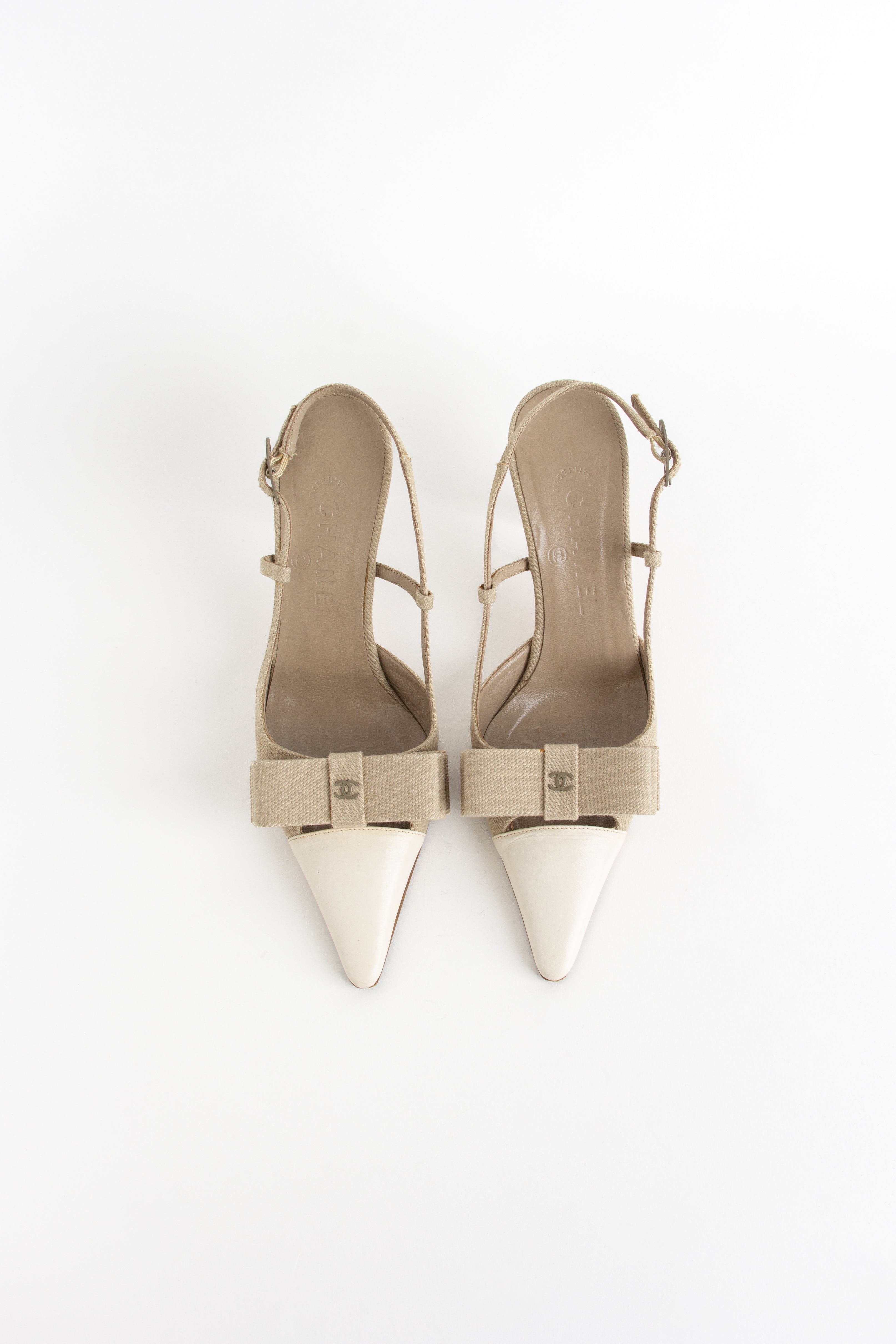 Chanel Beige + Ivory Canvas CC Bow Slingback Heels (IT 37)