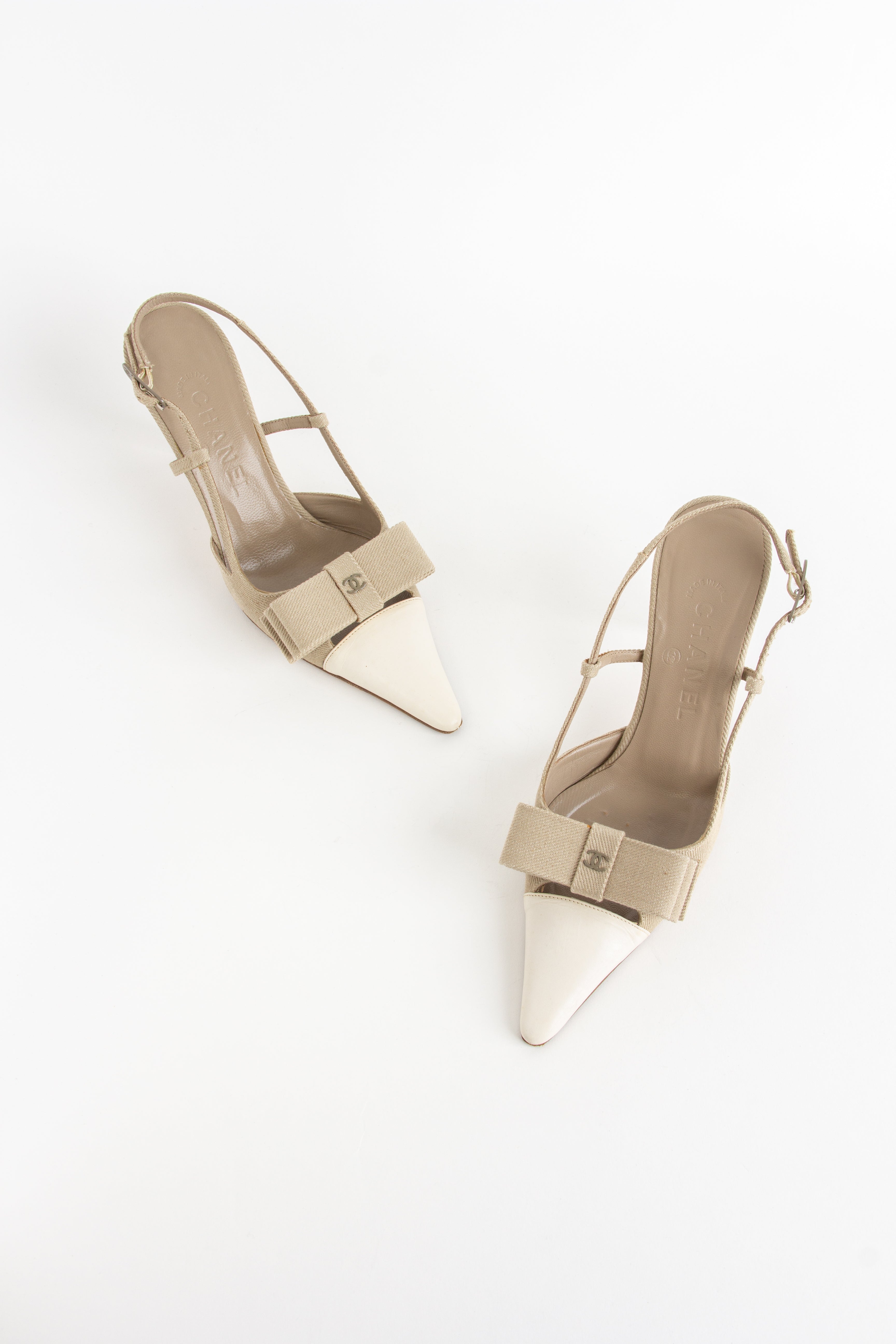 Chanel Beige + Ivory Canvas CC Bow Slingback Heels (IT 37)