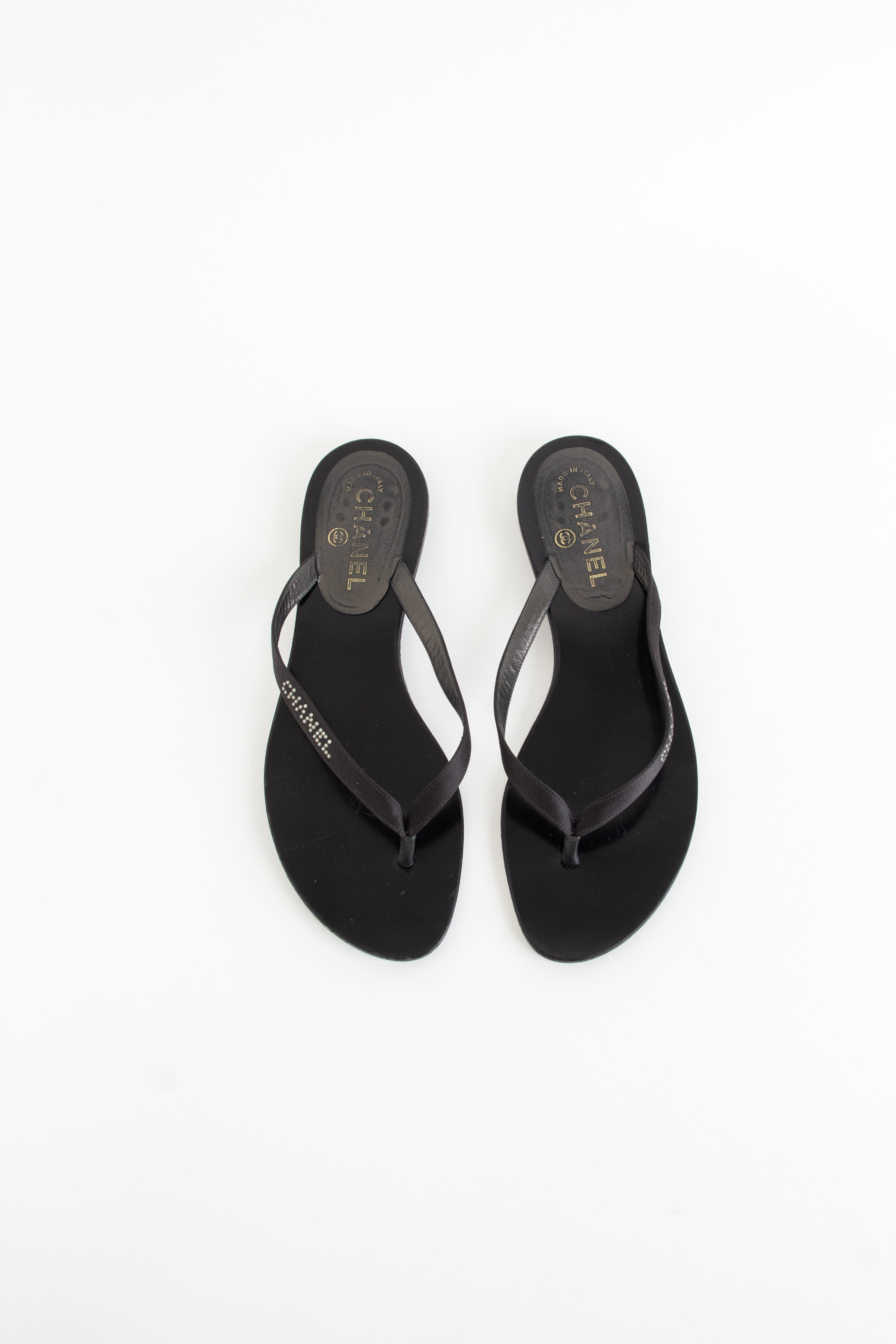Chanel Black Satin Rhinestone Flip Flops (IT 39.5)