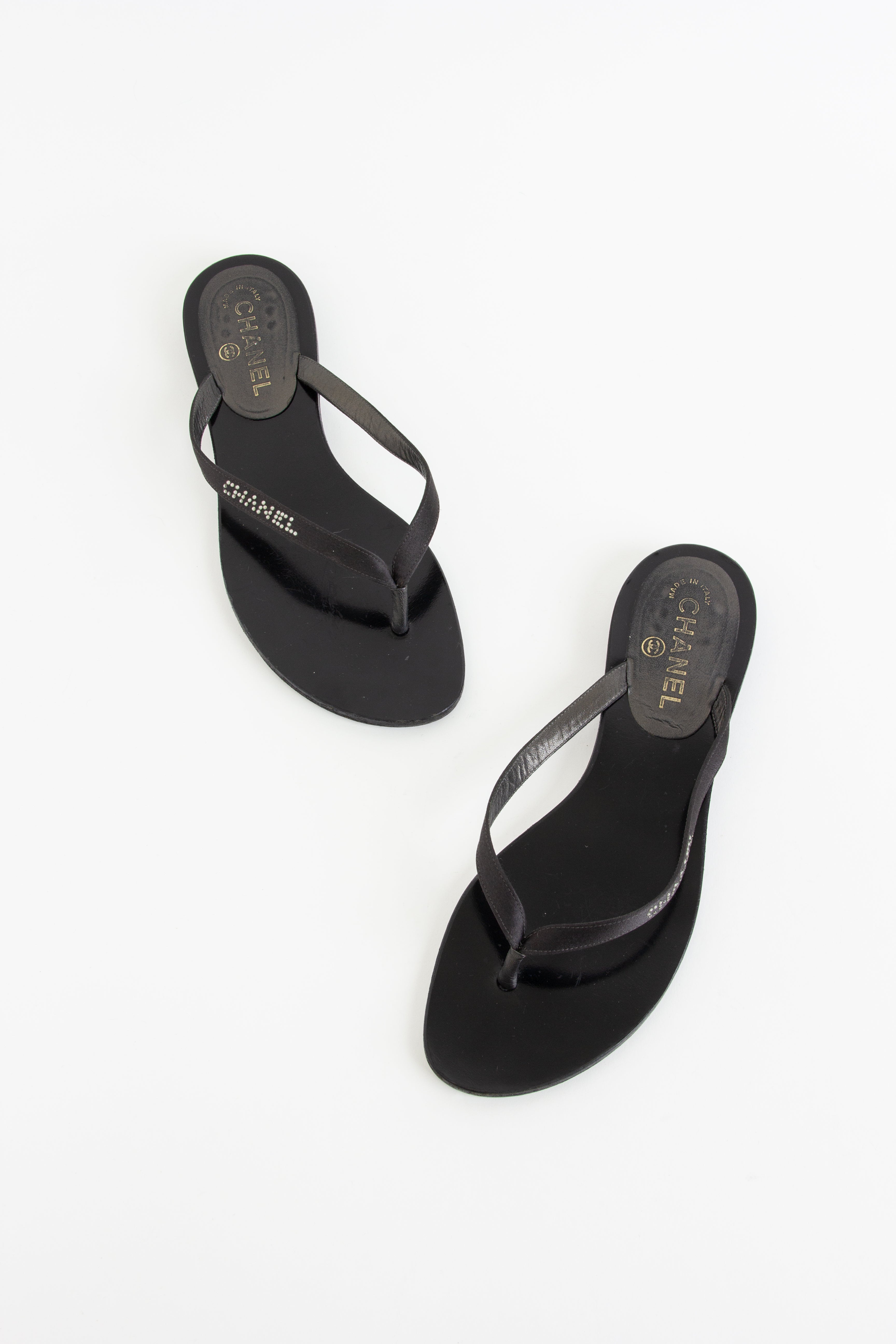 Chanel Black Satin Rhinestone Flip Flops (IT 39.5)