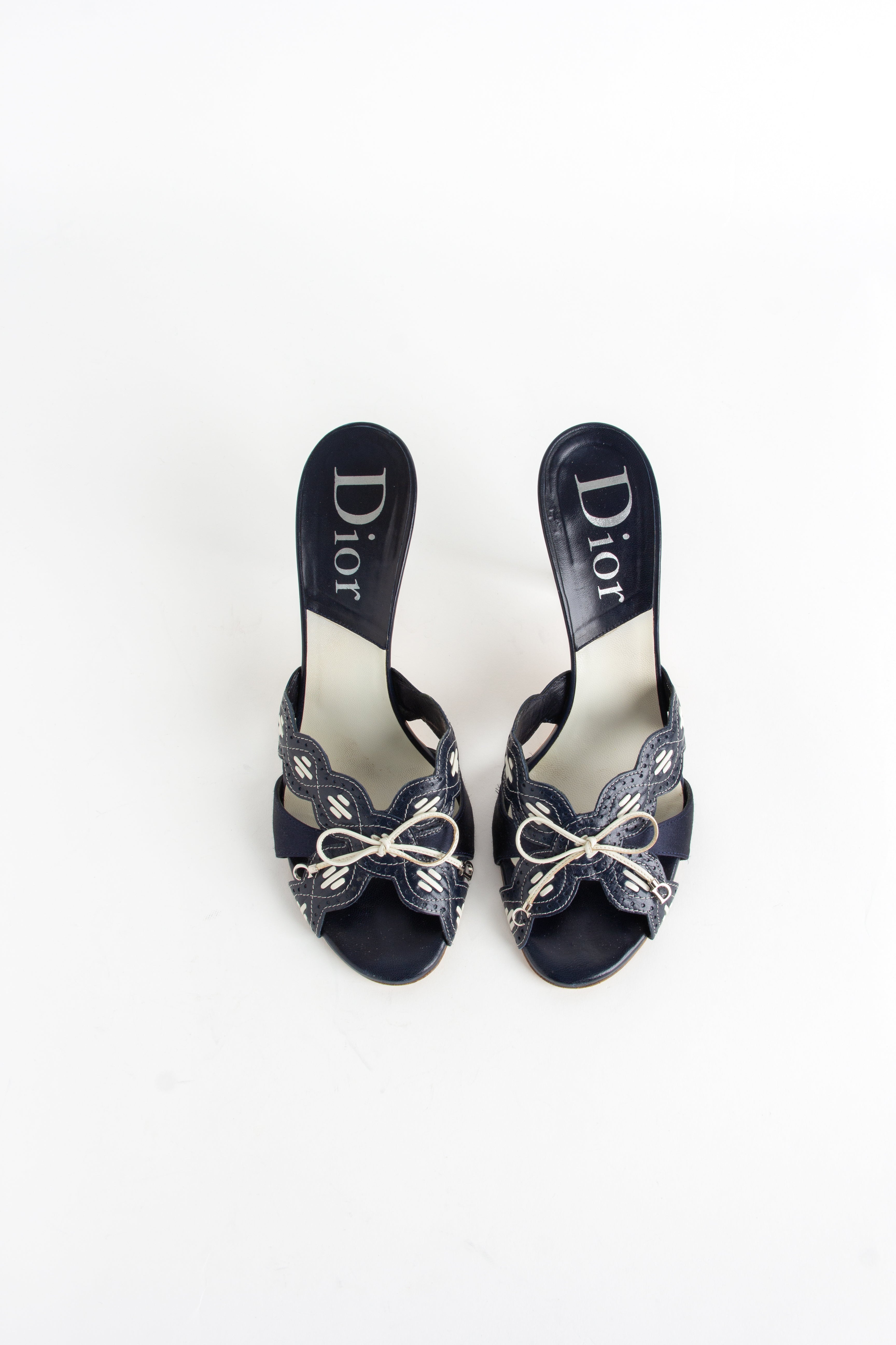 Dior Blue + White Satin Scalloped Bow Heels (IT 39.5)
