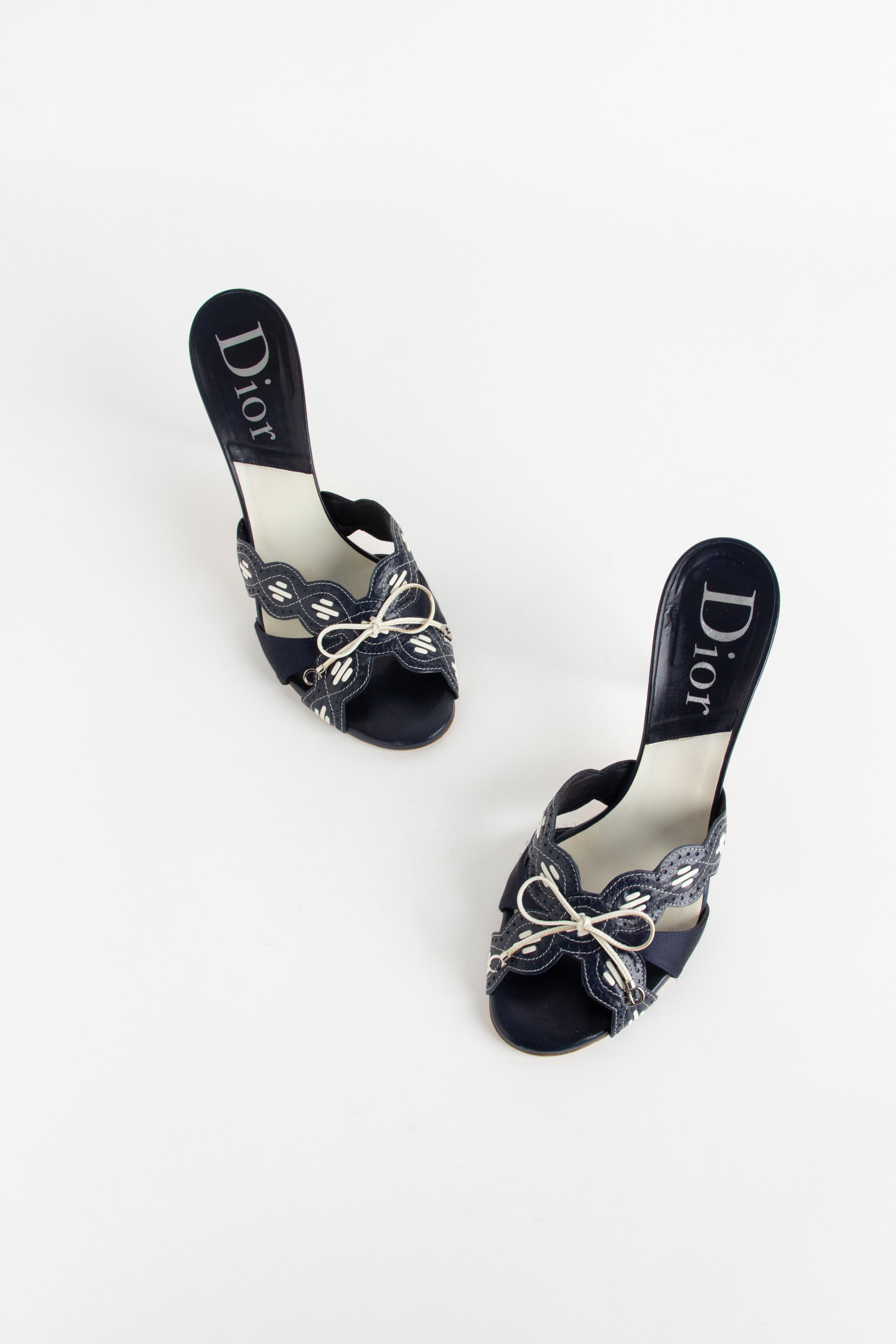 Dior Blue + White Satin Scalloped Bow Heels (IT 39.5)