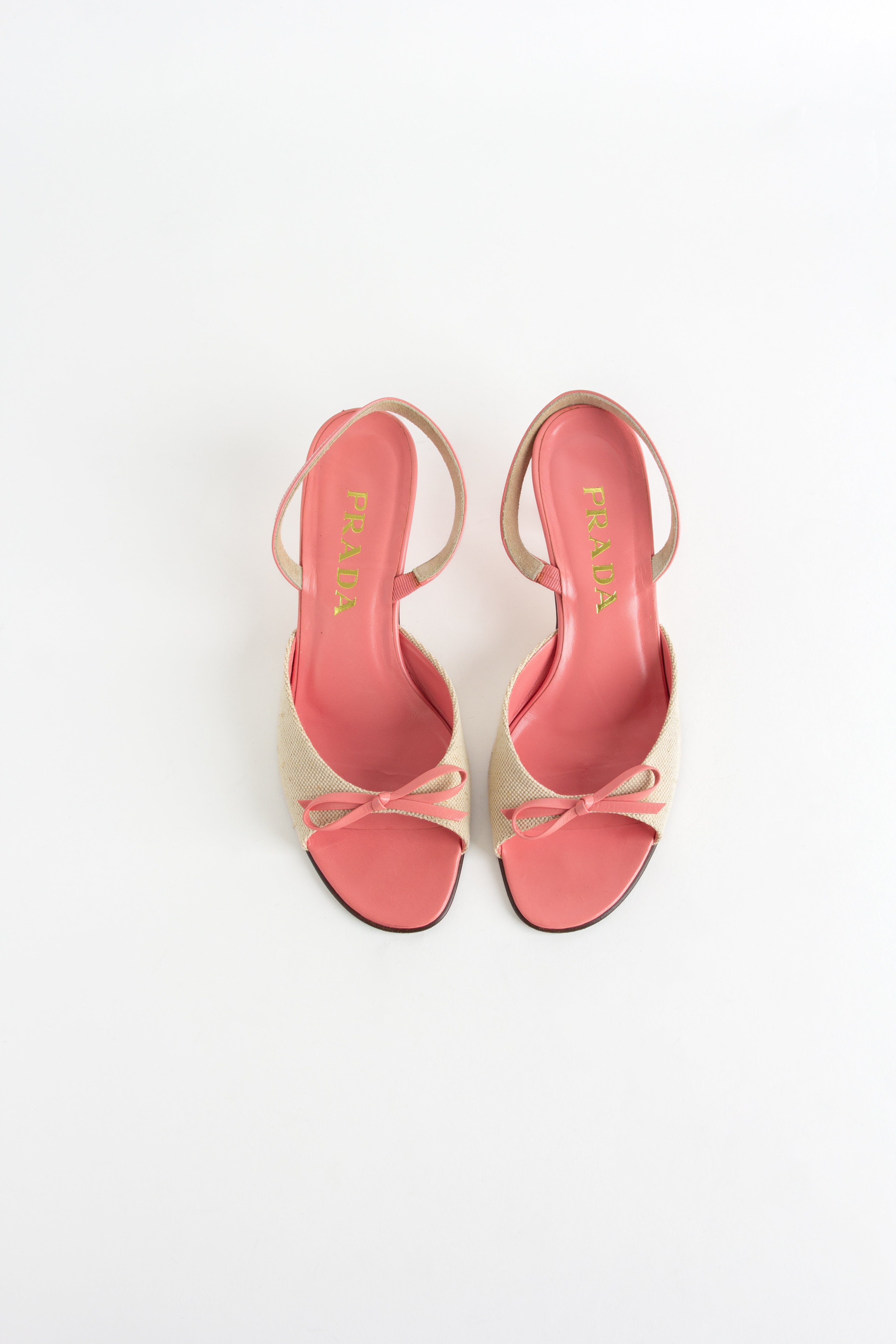Prada Beige + Pink Canvas Bow Slingback Heels (IT 36.5)