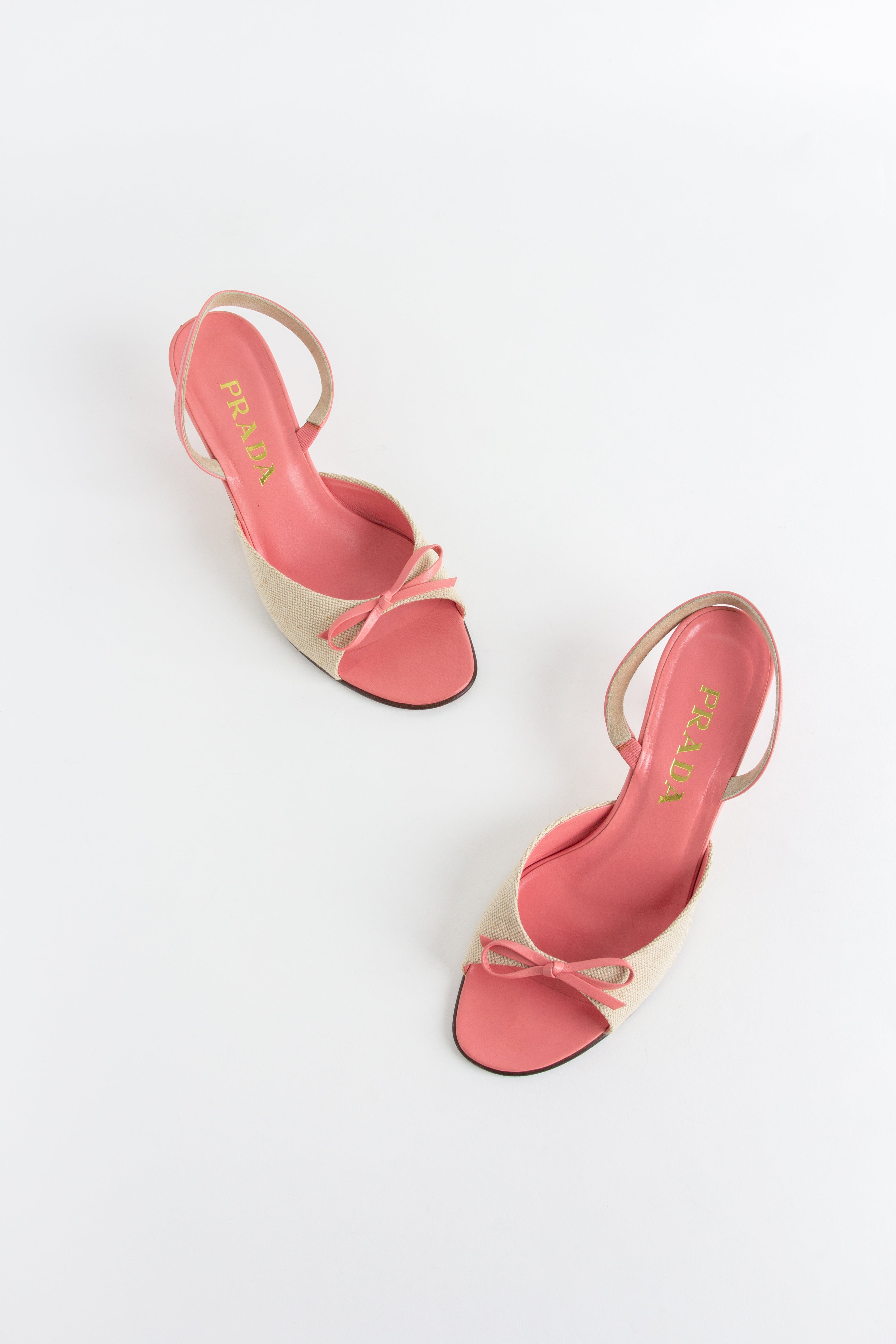 Prada Beige + Pink Canvas Bow Slingback Heels (IT 36.5)