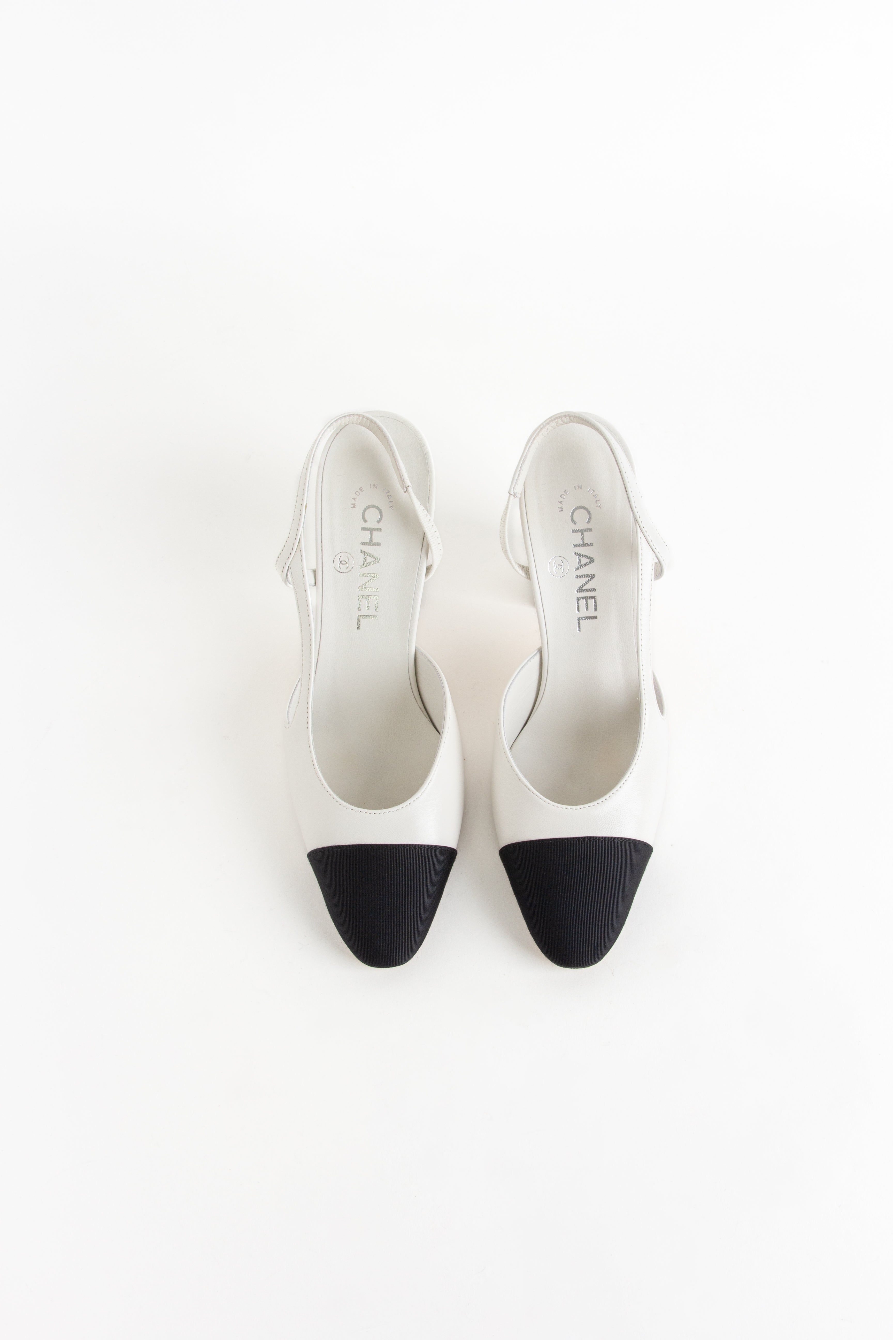 Chanel White + Black Round Toe Slingback Heels (IT 37)