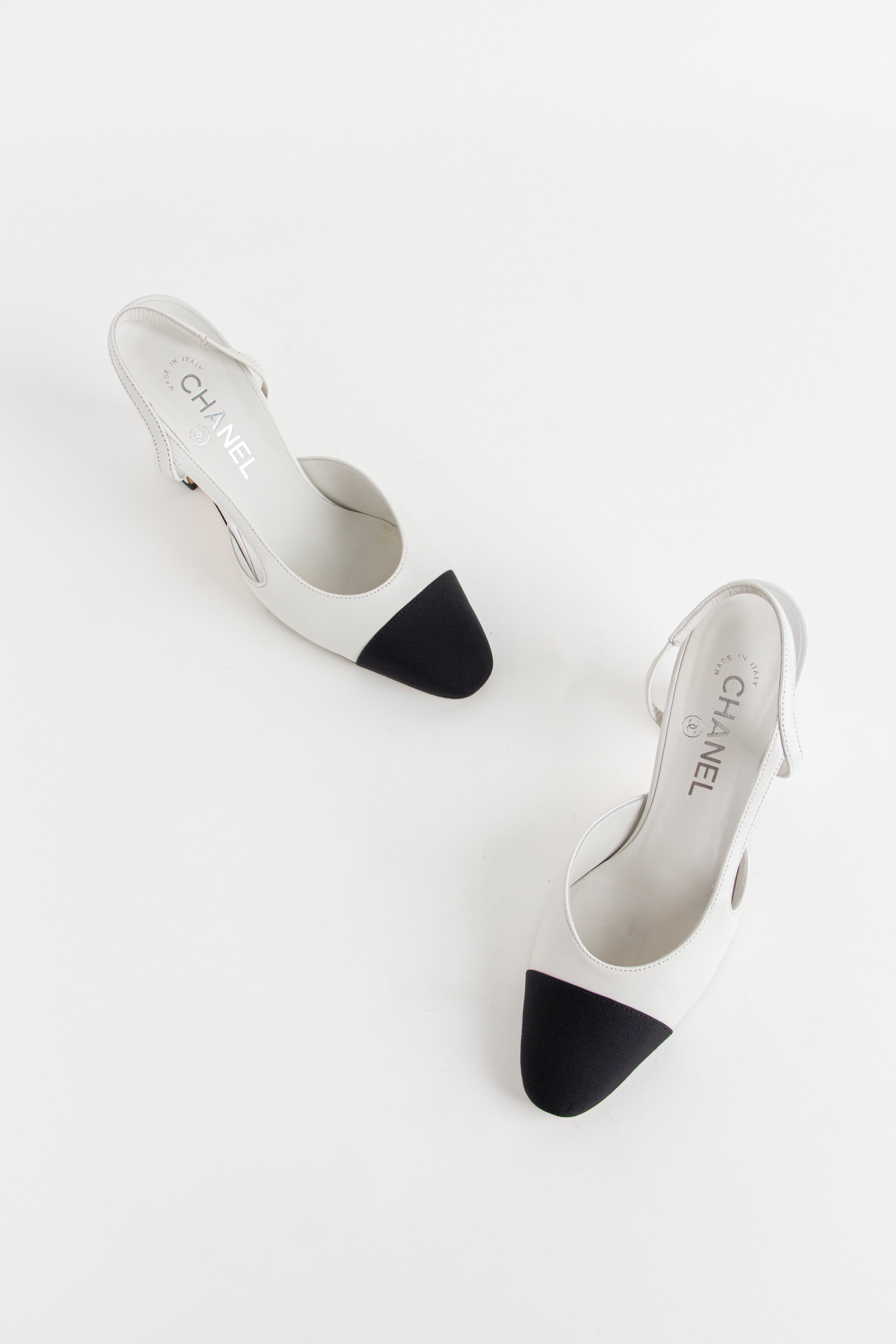 Chanel White + Black Round Toe Slingback Heels (IT 37)