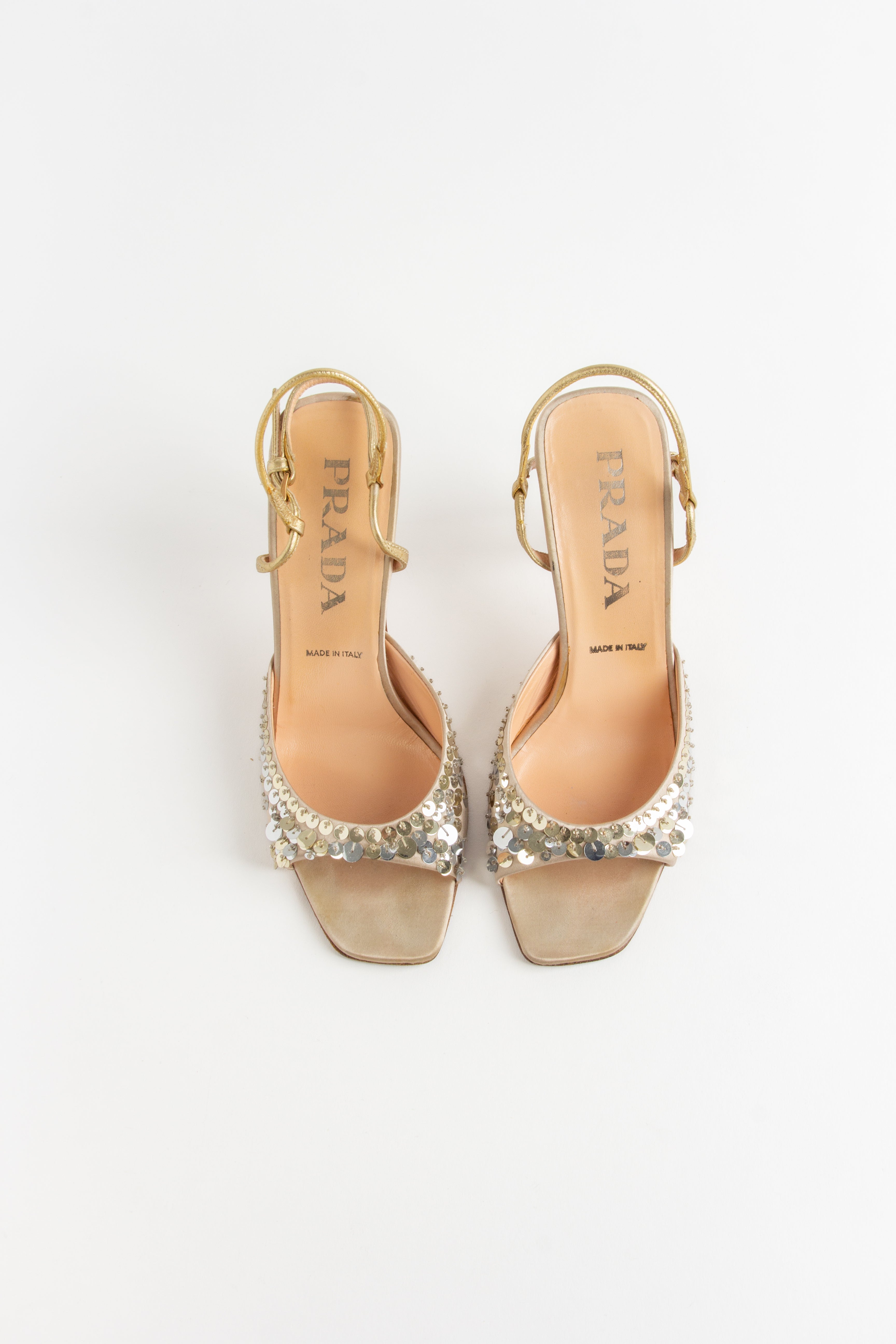 Prada Champagne Silk Sequin Heels (IT 35.5)